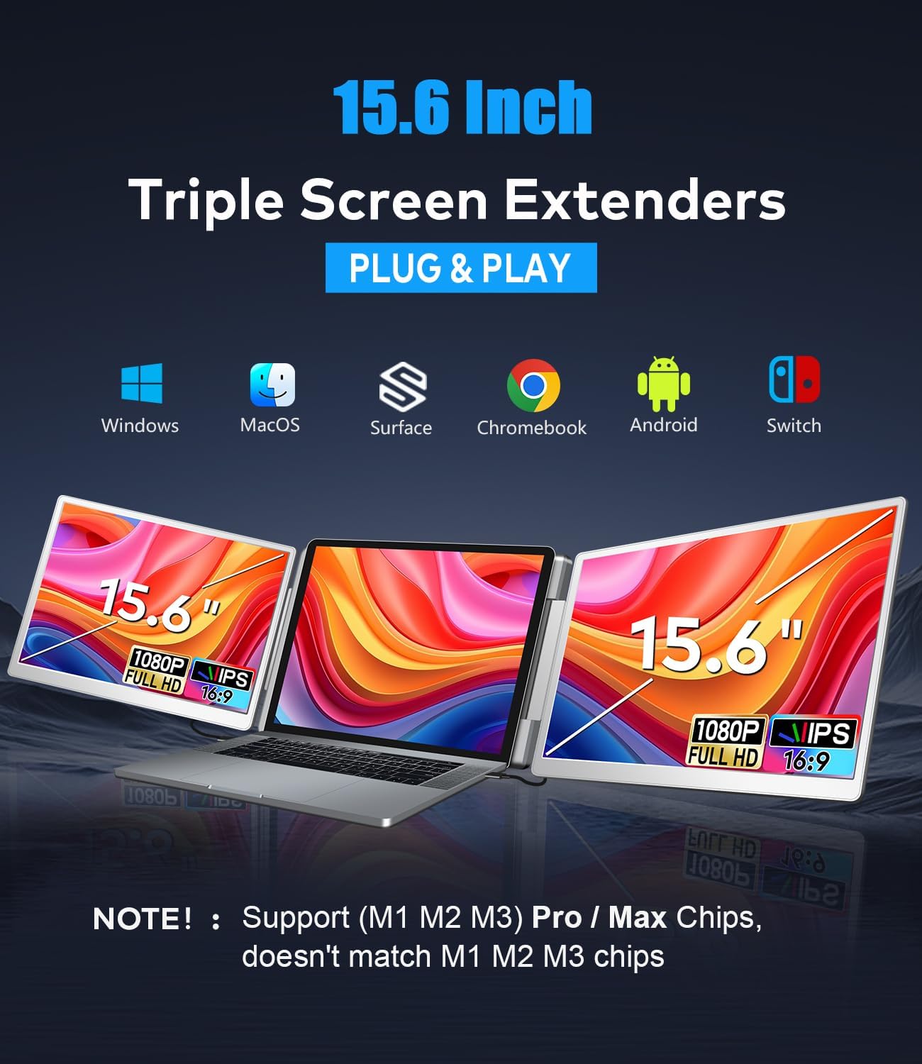 15.6 Laptop Screen Extender  Left Screen 360° Flip Triple Screen Monitor Extender  FHD 1080P IPS Portable Travel Monitor Display  fit for 12–18.5 Laptops  Compatible with Windows and MacBook-S10