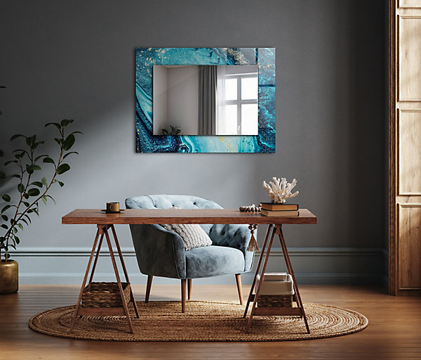 Miroir Imprimé Wallfluent 60x40 - 80x60 Art Abstrait Bleu Déco Entrée, Bureau Imprimé