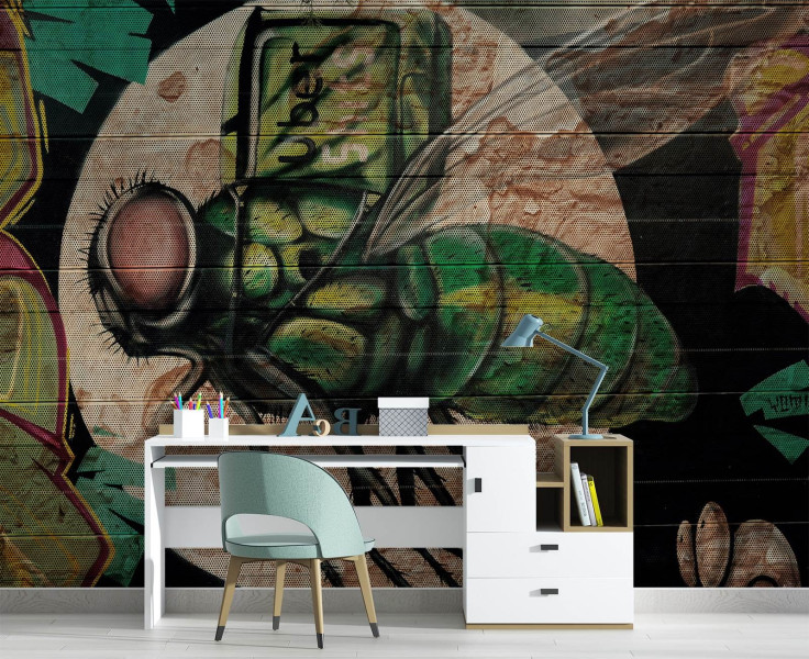 Feeby Fototapeta, Zielona mucha i księżyc graffiti na ścianie 150x105