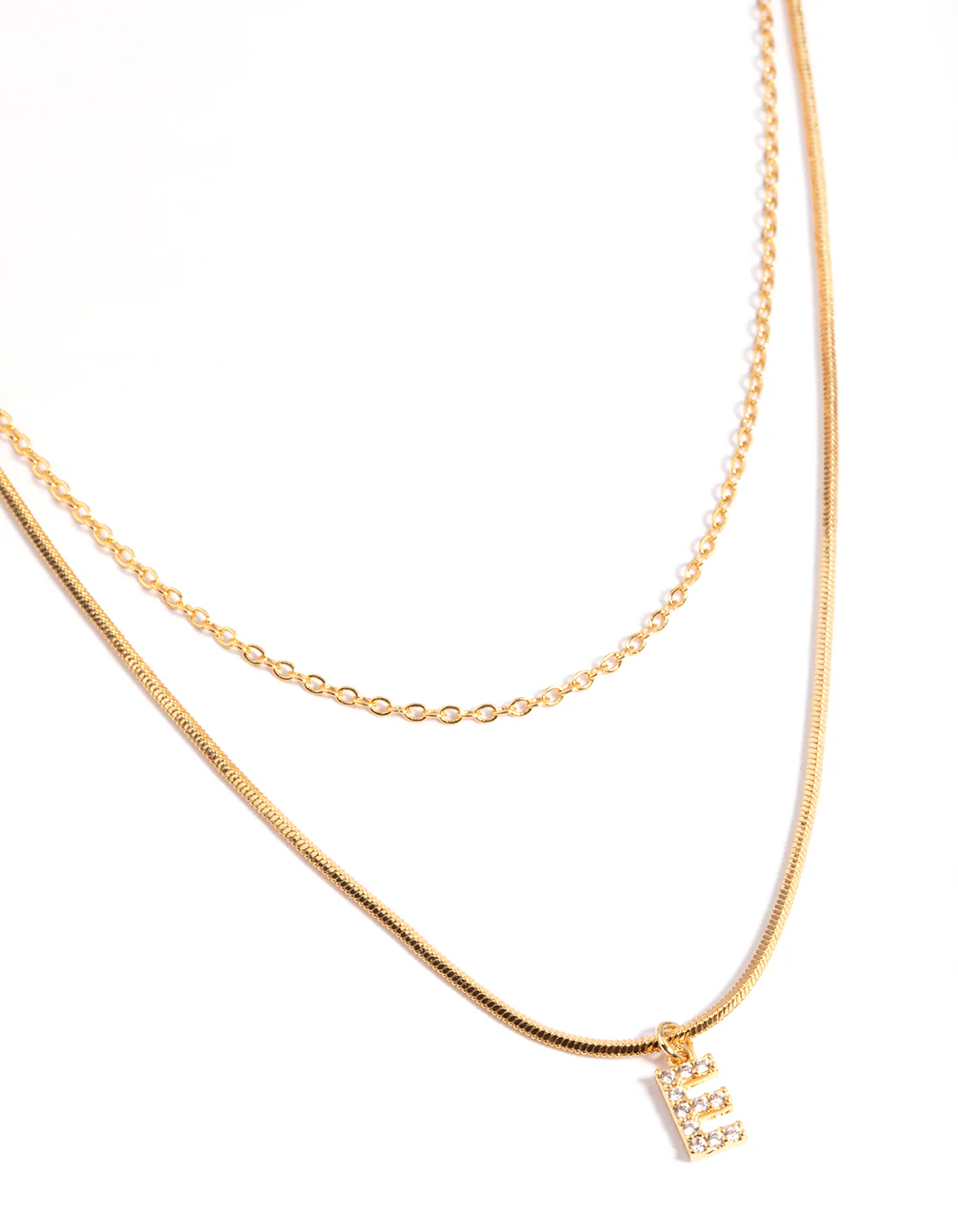 Gold Plated Diamante Letter E Layered  Necklace