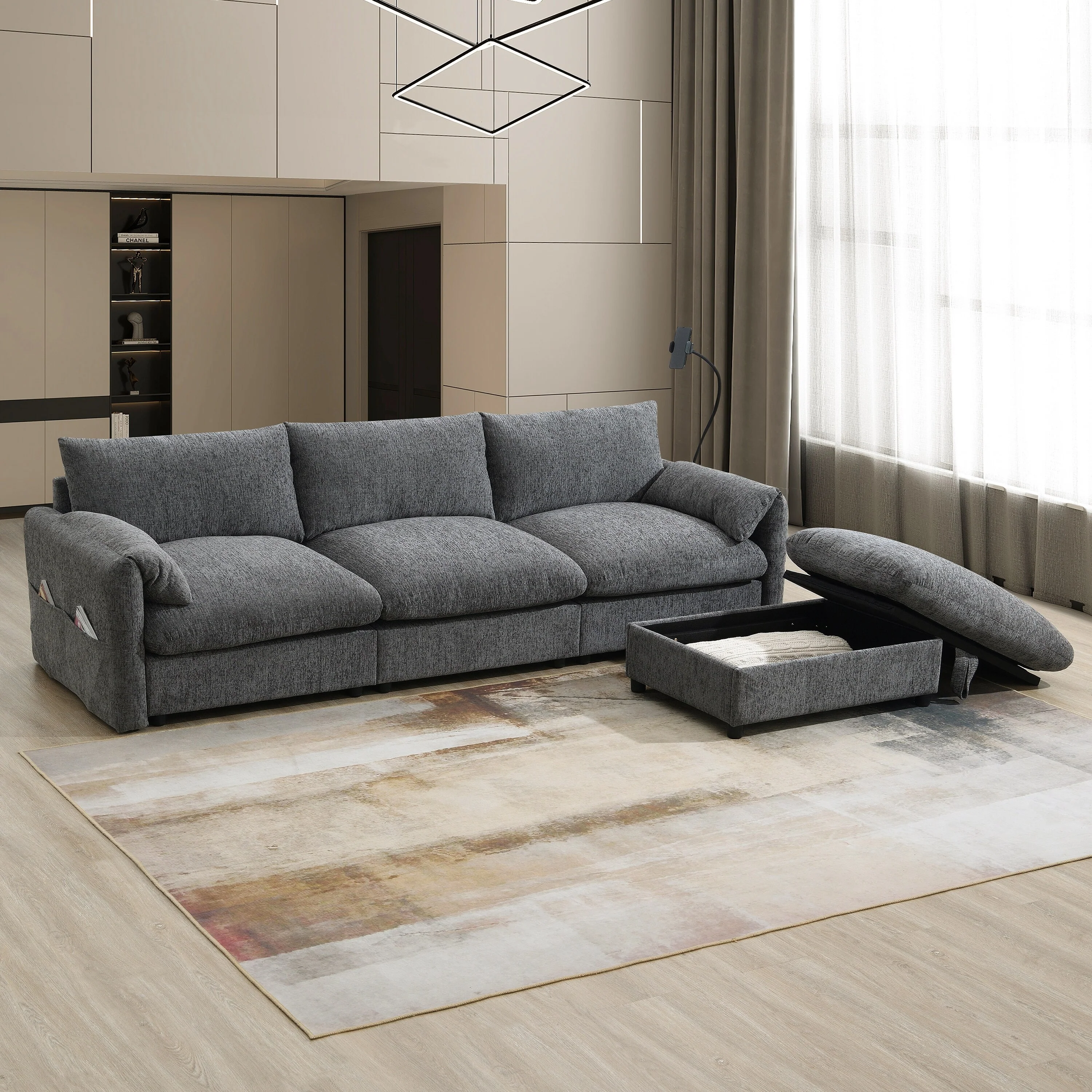 Modern Sectional Sofa with Extra Wide Seats and Charging Console and Storage Ottoman for Living Room and Guest Room