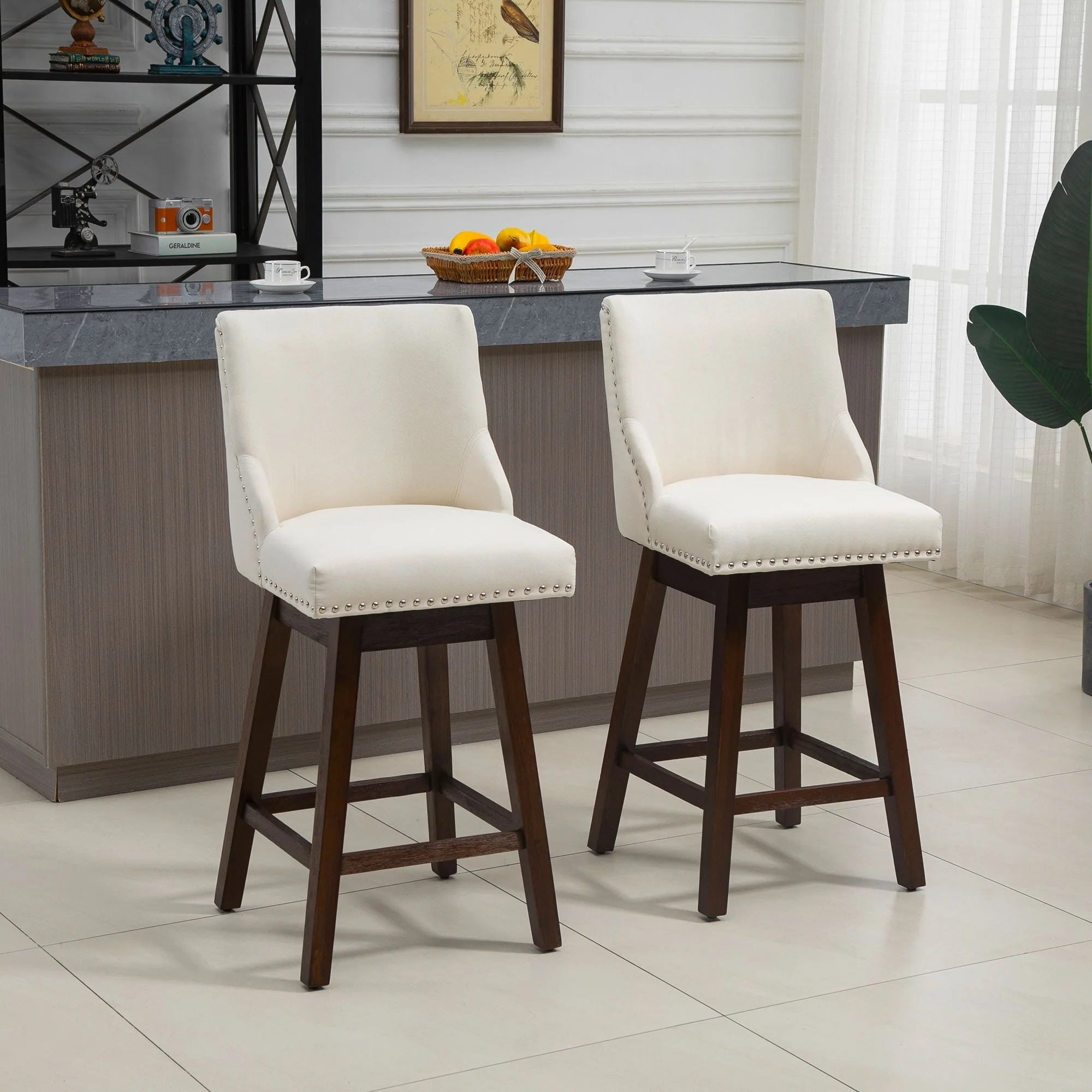 HOMCOM 28 Swivel Counter Height Bar Stools with Backs, Upholstered Dining Room and Kitchen Bar Stools Set of 2 with Wood Legs