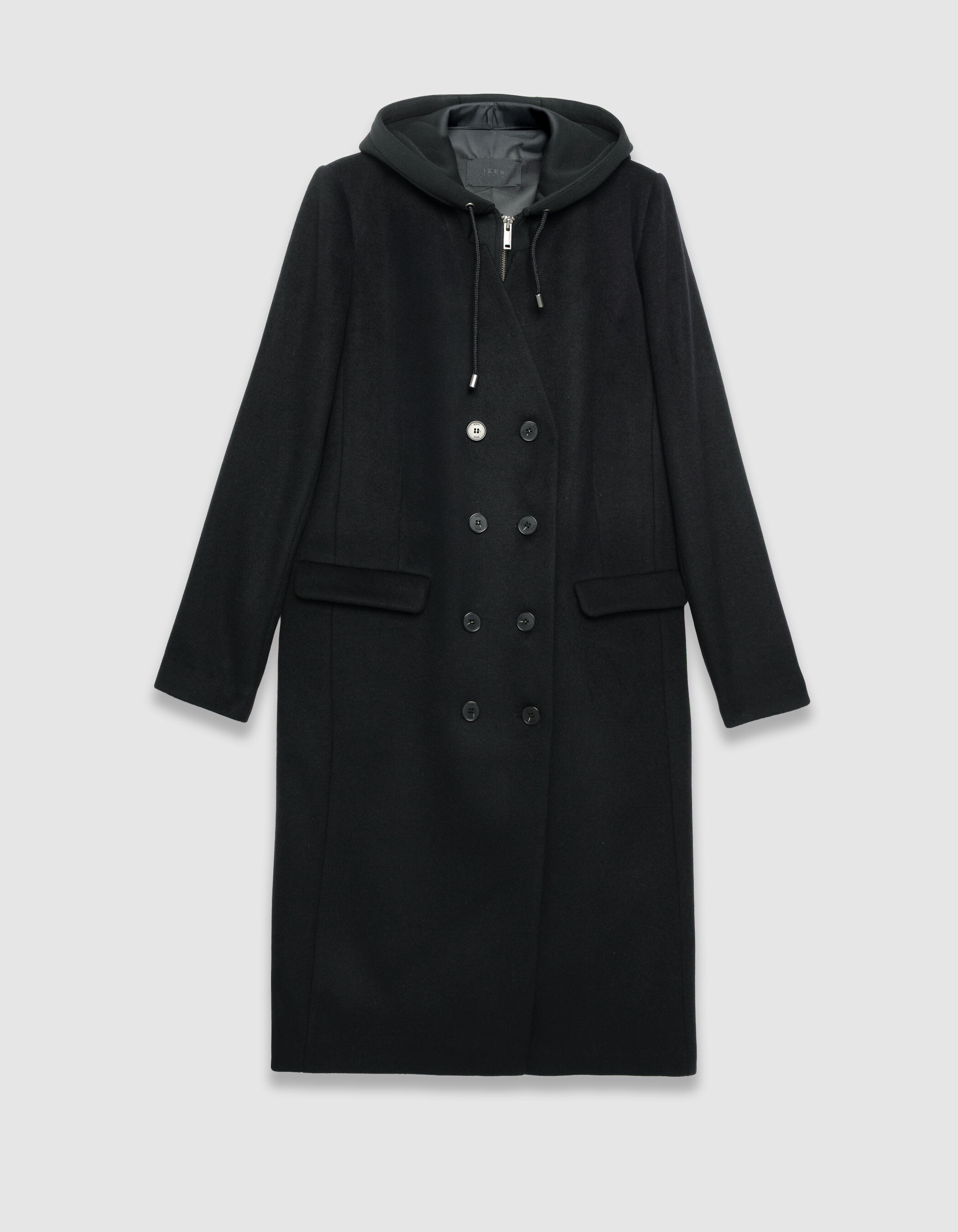 Manteau long noir parementure à capuche amovible Femme