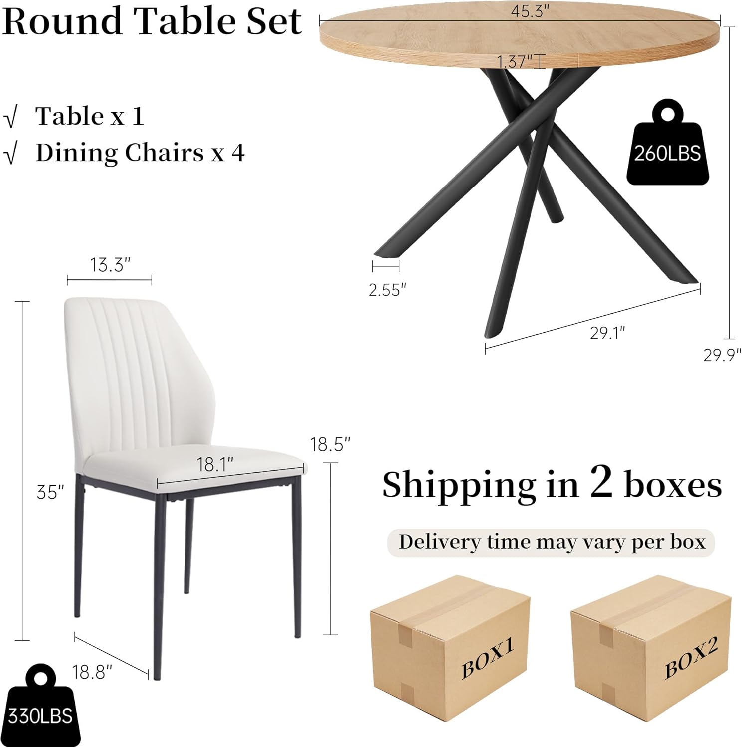 HIPIHOM 45.3 Inch Round Dining Table Set for 4, Mid Century Modern Small Kitchen Coffee Set for Dining Room Kitchen Apartment (Oak Table + 4 White Chairs)
