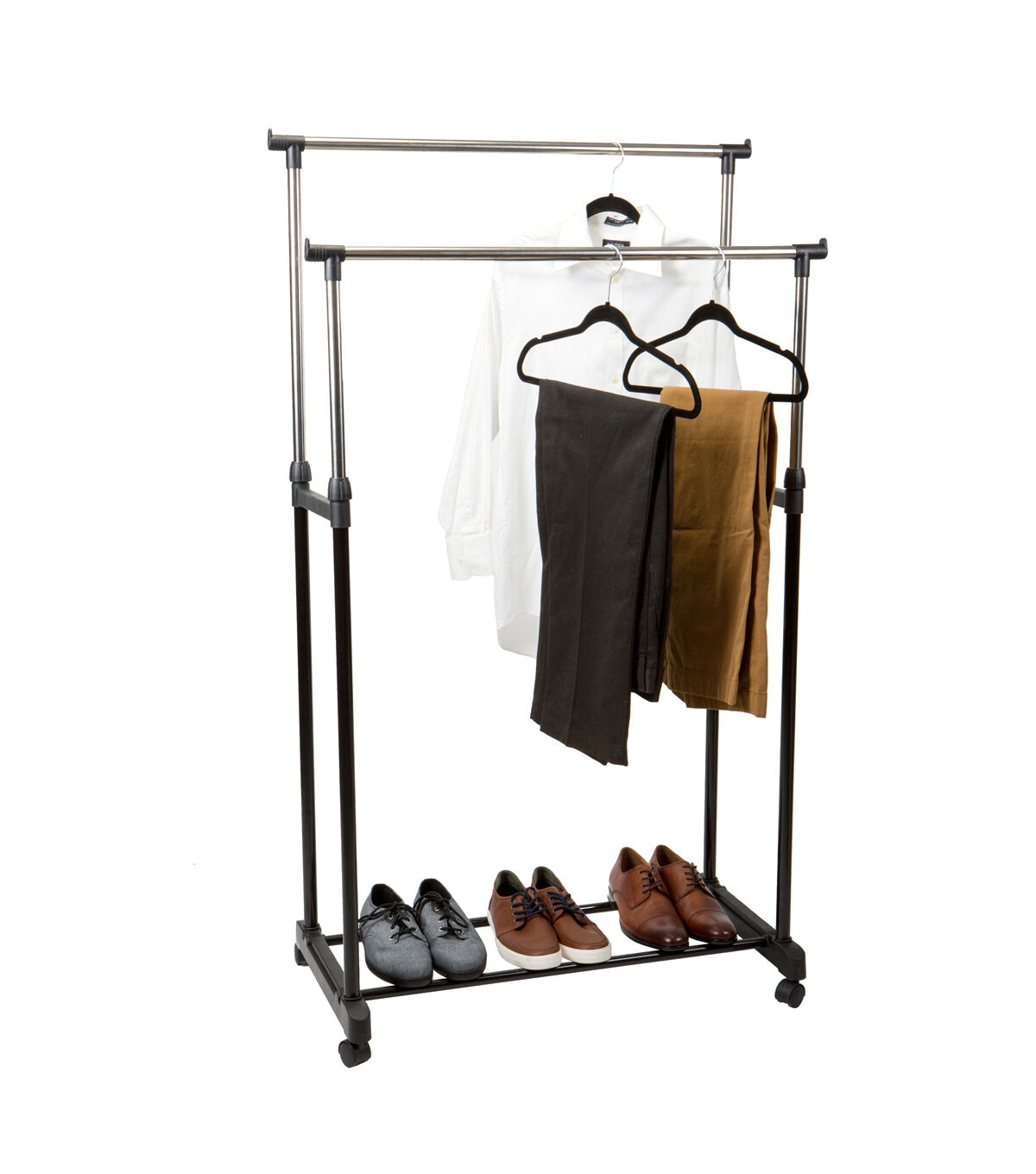 Simplify 31.5 Black 2 Tier Adjustable Height Rolling Garment Rack
