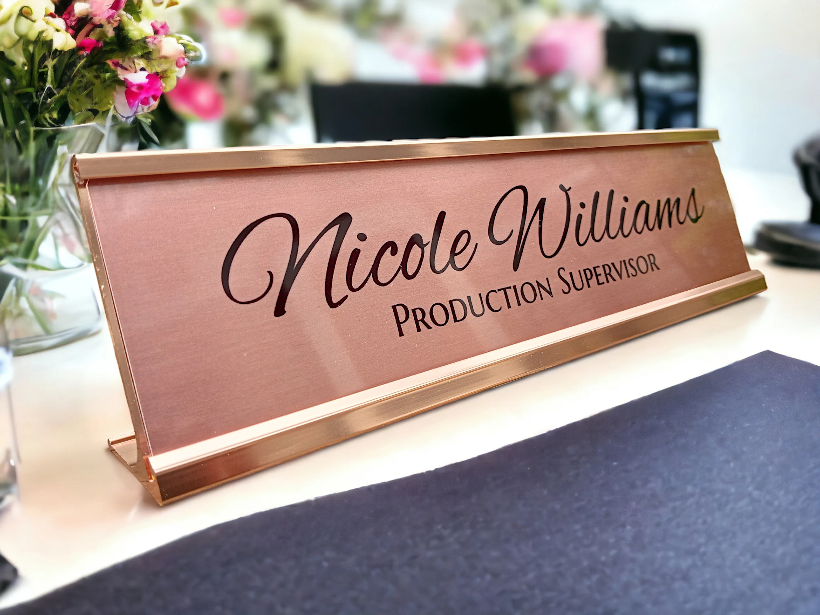 Personalized Desk Name plate nameplate brushed rose gold with rose gold aluminum holder 2 x 8 inches