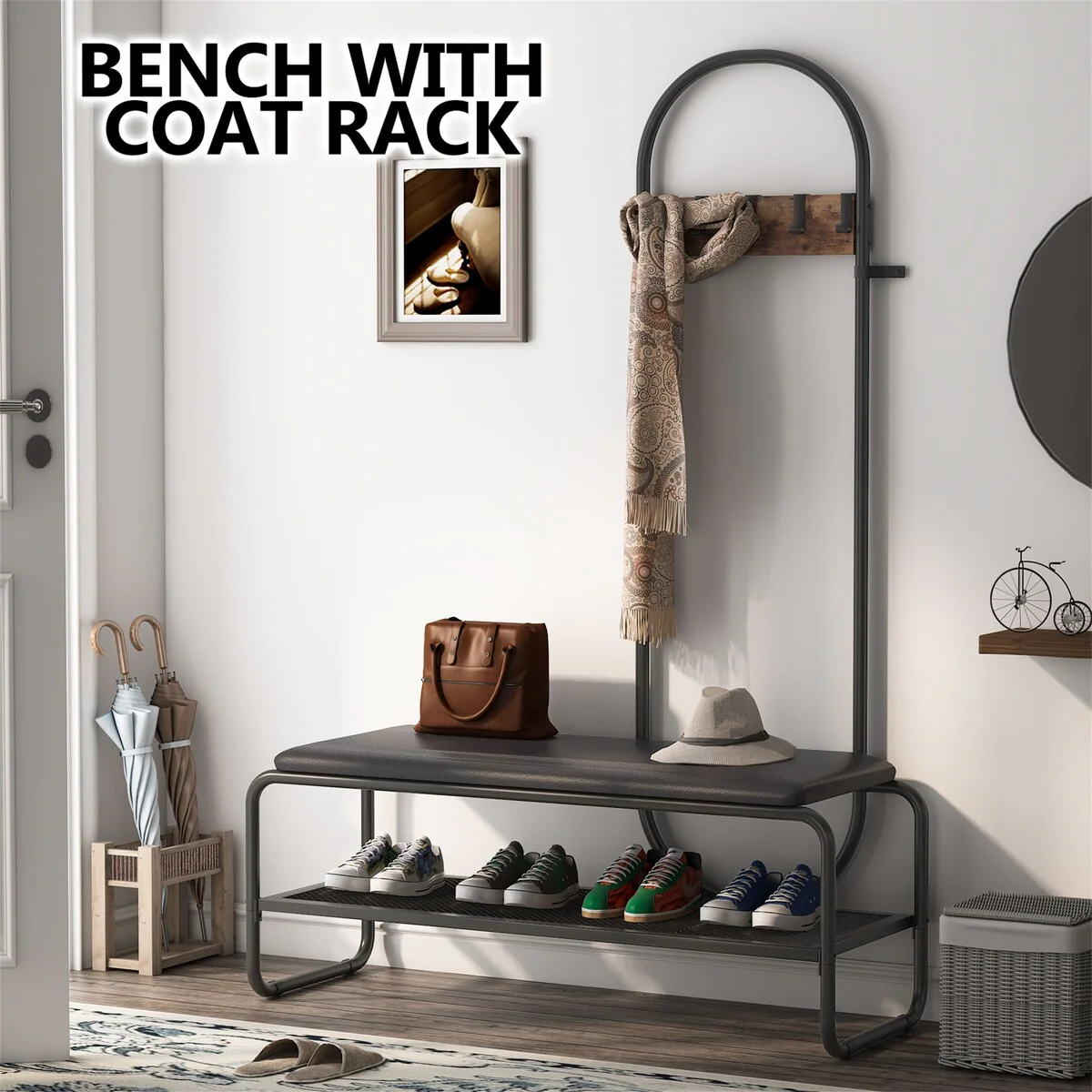 Hall Tree Coat Rack and Shoe Bench for Entryway, Entry Hall Tree with Bench and 2 Tier Shoe Storage
