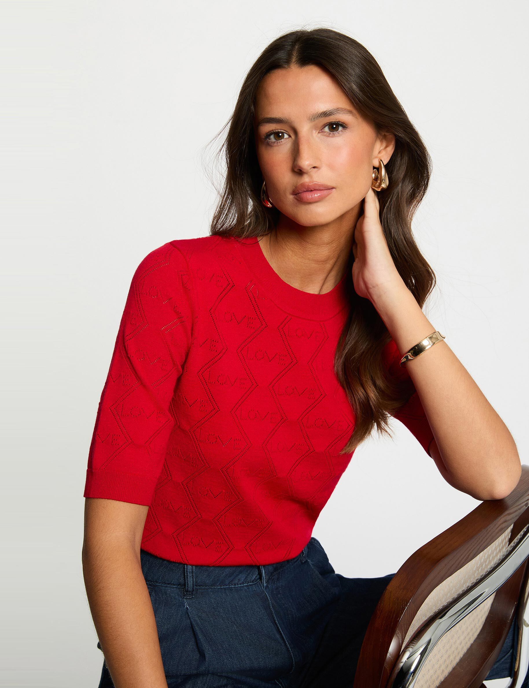 3/4 Sleeve Openwork Sweater Red Women