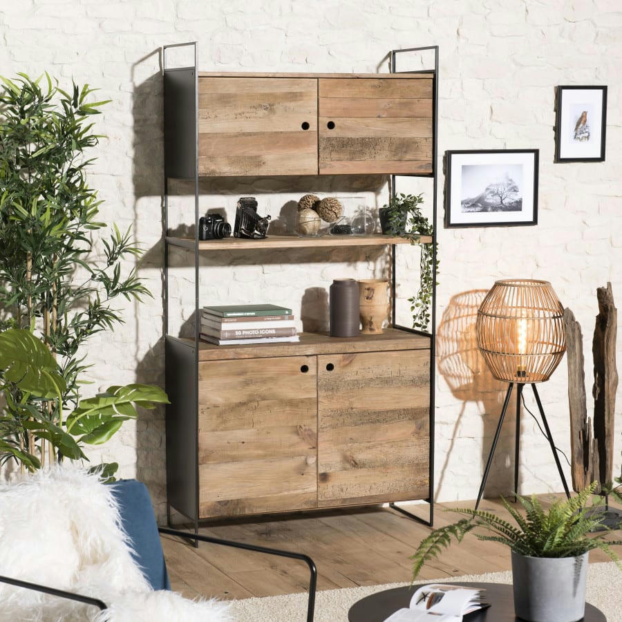 ANDREA - Bibliothèque 4 portes 1 égagère en pin recyclé naturel et métal noir