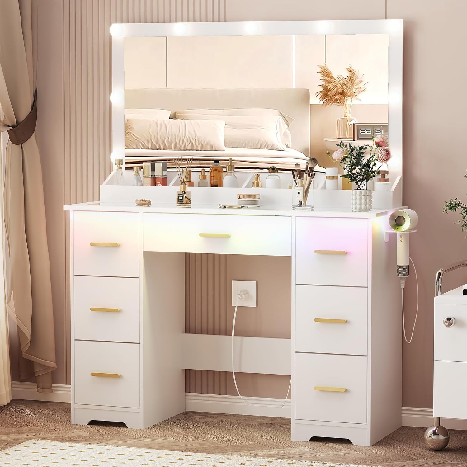 44 Vanity Desk with Mirror and Lights, Glass Top Makeup Vanity with RGB Ambient Lights & 7 Drawers, Large Dressing Table with Power Outlet for Bedroom, White