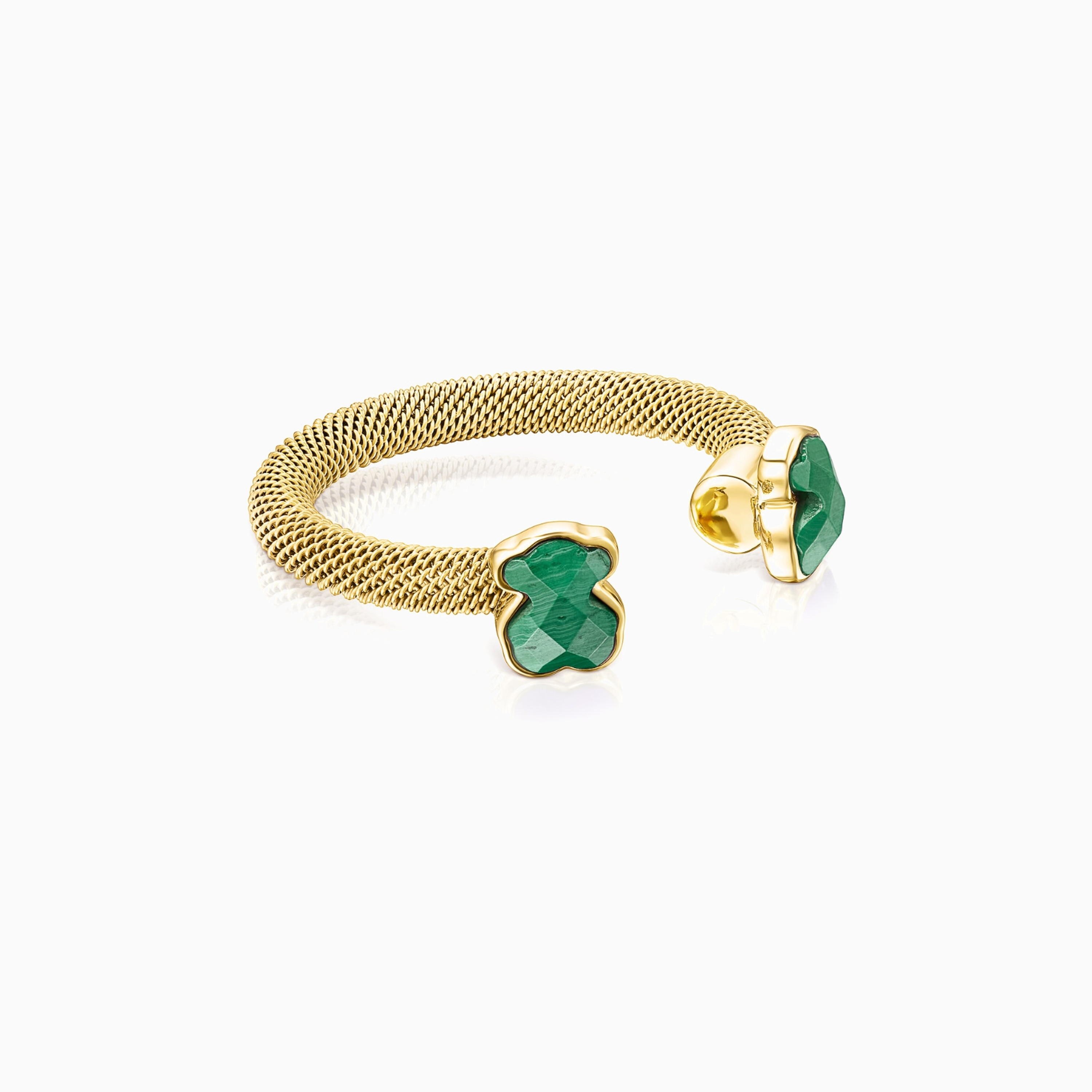 Anillo abierto de acero IP dorado y malaquita Mesh Color