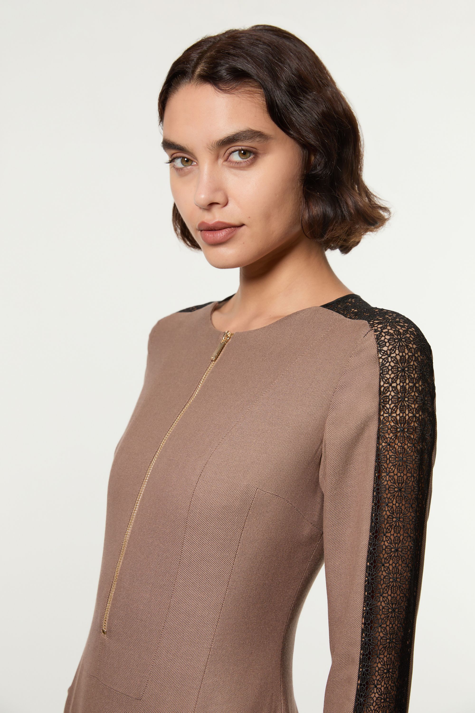 KarenMillen Tall Tailored Twill Lace Mix Zip Front Midi Dress