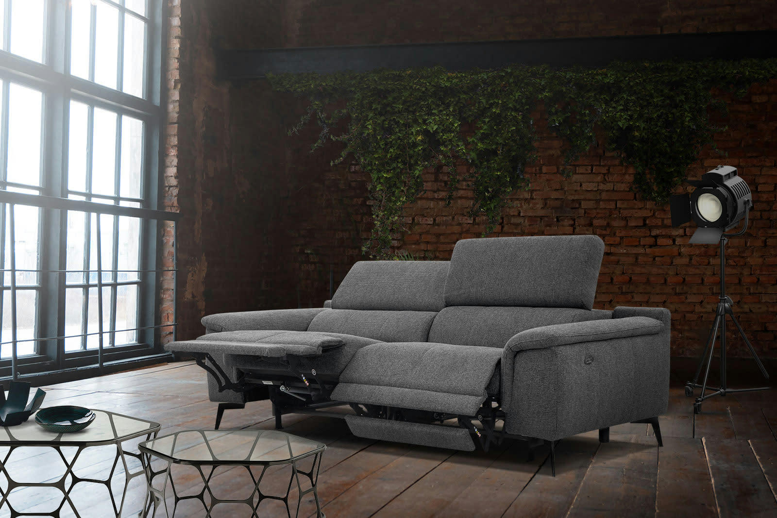 FIERO - Canapé droit 3 places XXL avec 2 relax  électriques tissu gris foncé