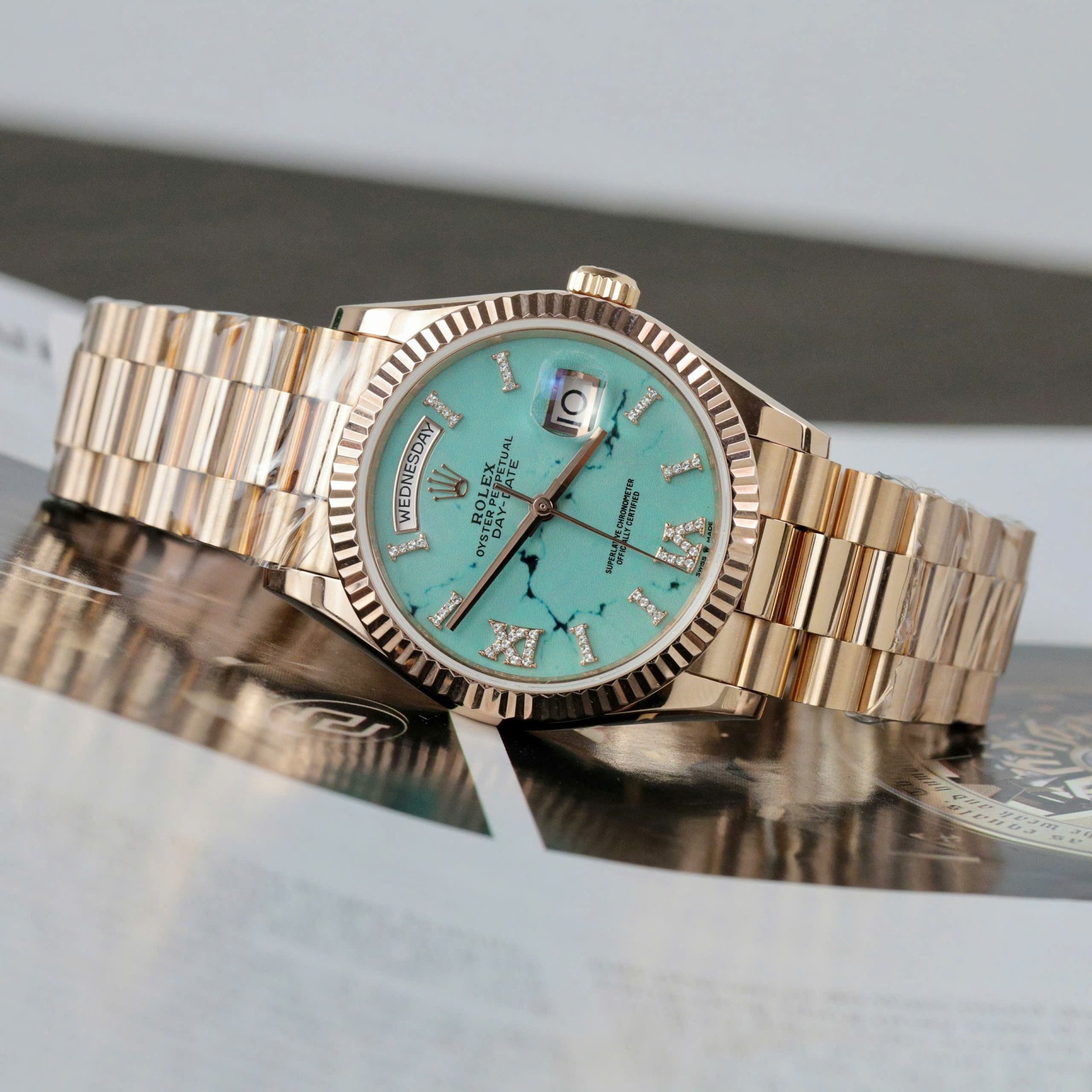 Rolex Day-Date 128238 RG Plated Turquoise Blue Dial CZ Diamonds 36mm Super Clone