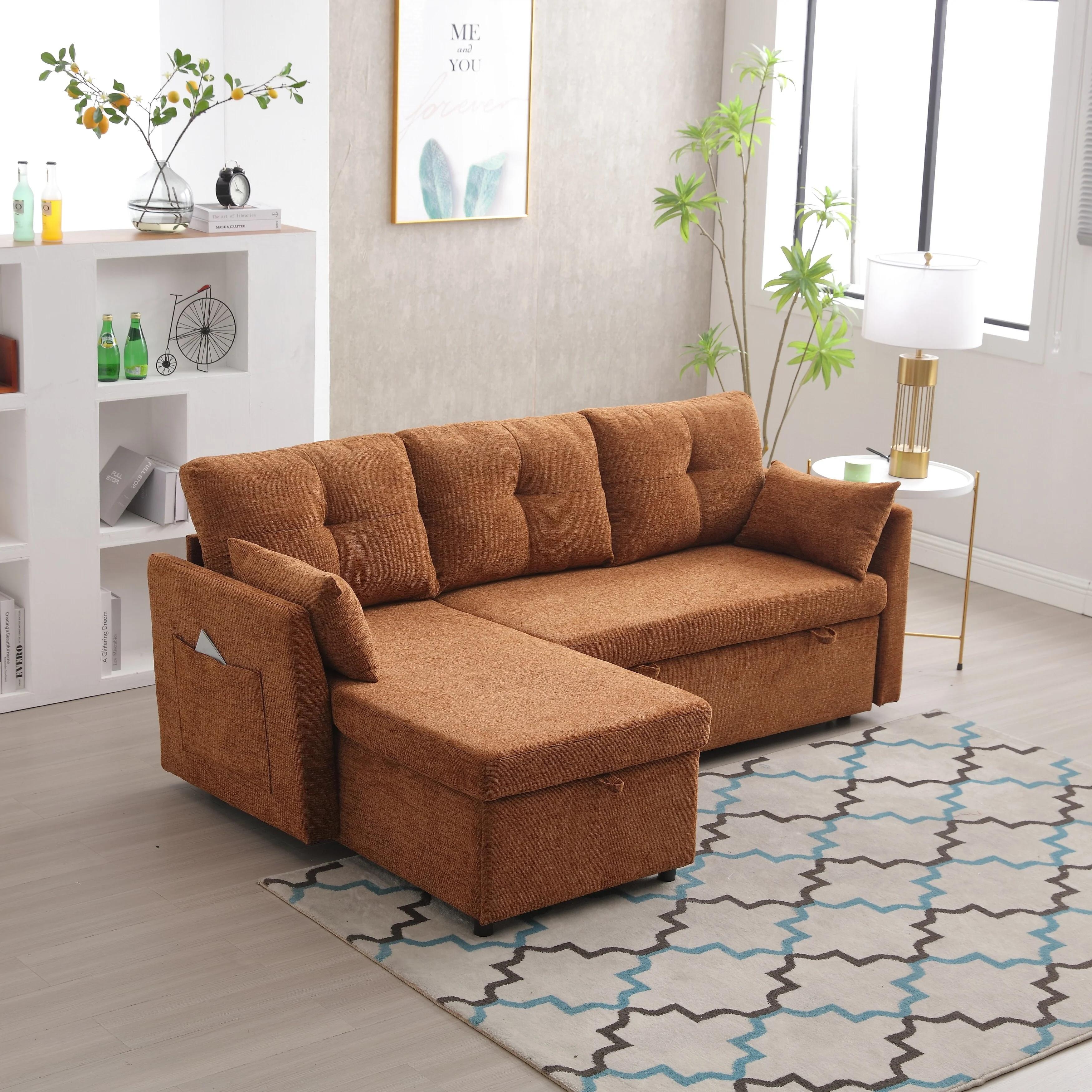 Brown 81.1'' L-Shaped 3-Seat Sectional Sofa with Reversible Chaise and Storage, Durable Wood Frame Design