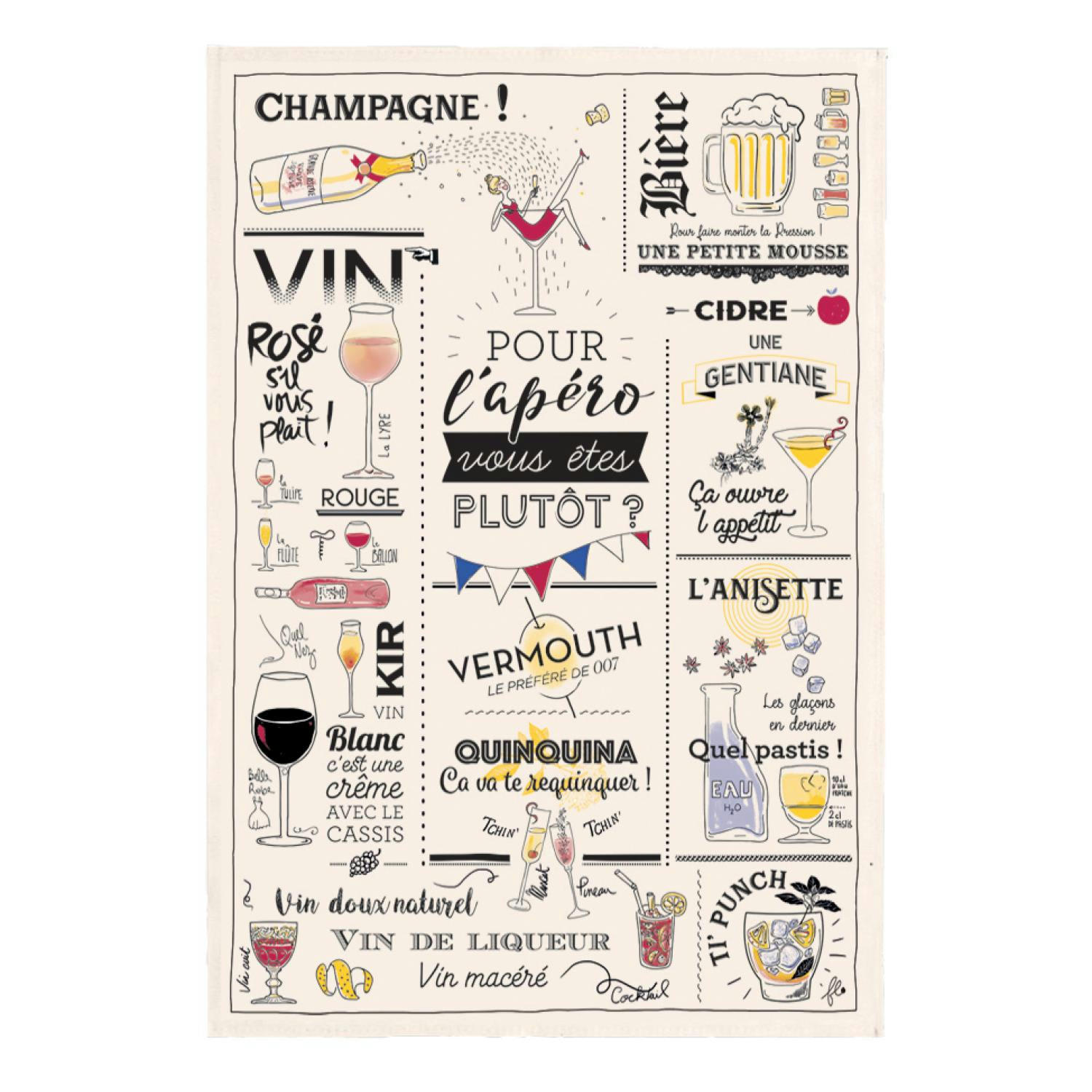 GASTRONOMIE ET VIN - Torchon verres et apéros en coton ecru 48 x 72