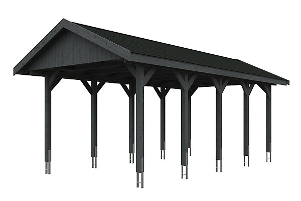 Carport SKAN HOLZ Wallgau 380 x 750 cm, traitement coloré gris ardoise, avec bardeaux noirs
