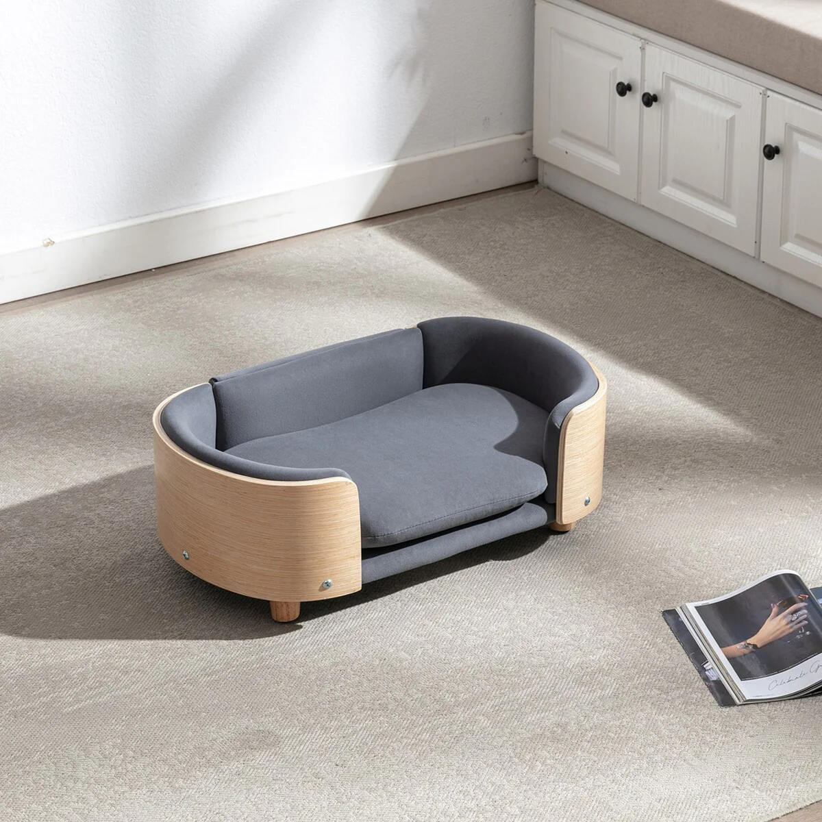 Velvet Cushion Chair With Solid Wood legs and Bent Wood Back/Pet Sofa