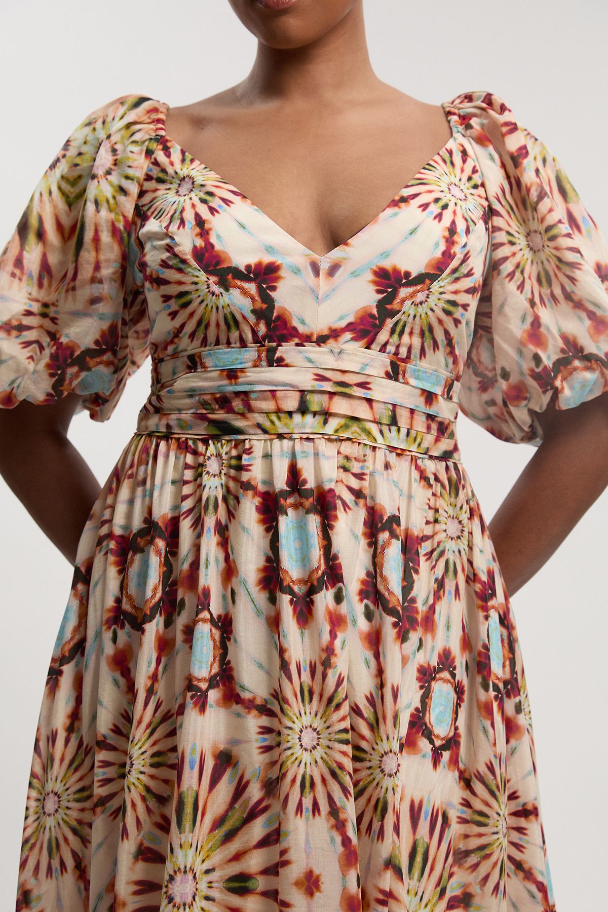 KarenMillen Plus Size Tile Print Silk Cotton Volume Sleeve Woven Maxi Dress