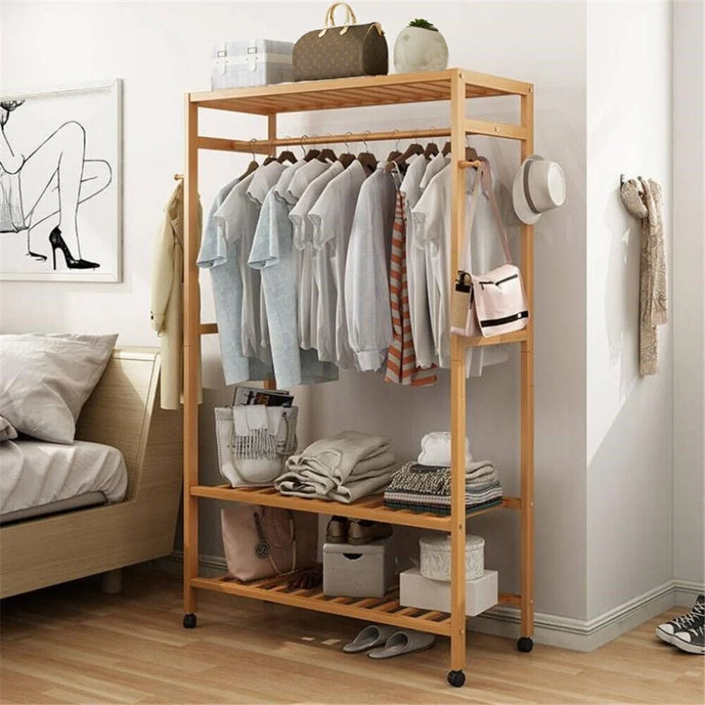 Clothes Rack Bamboo Garment Rolling Rack with Side Hooks