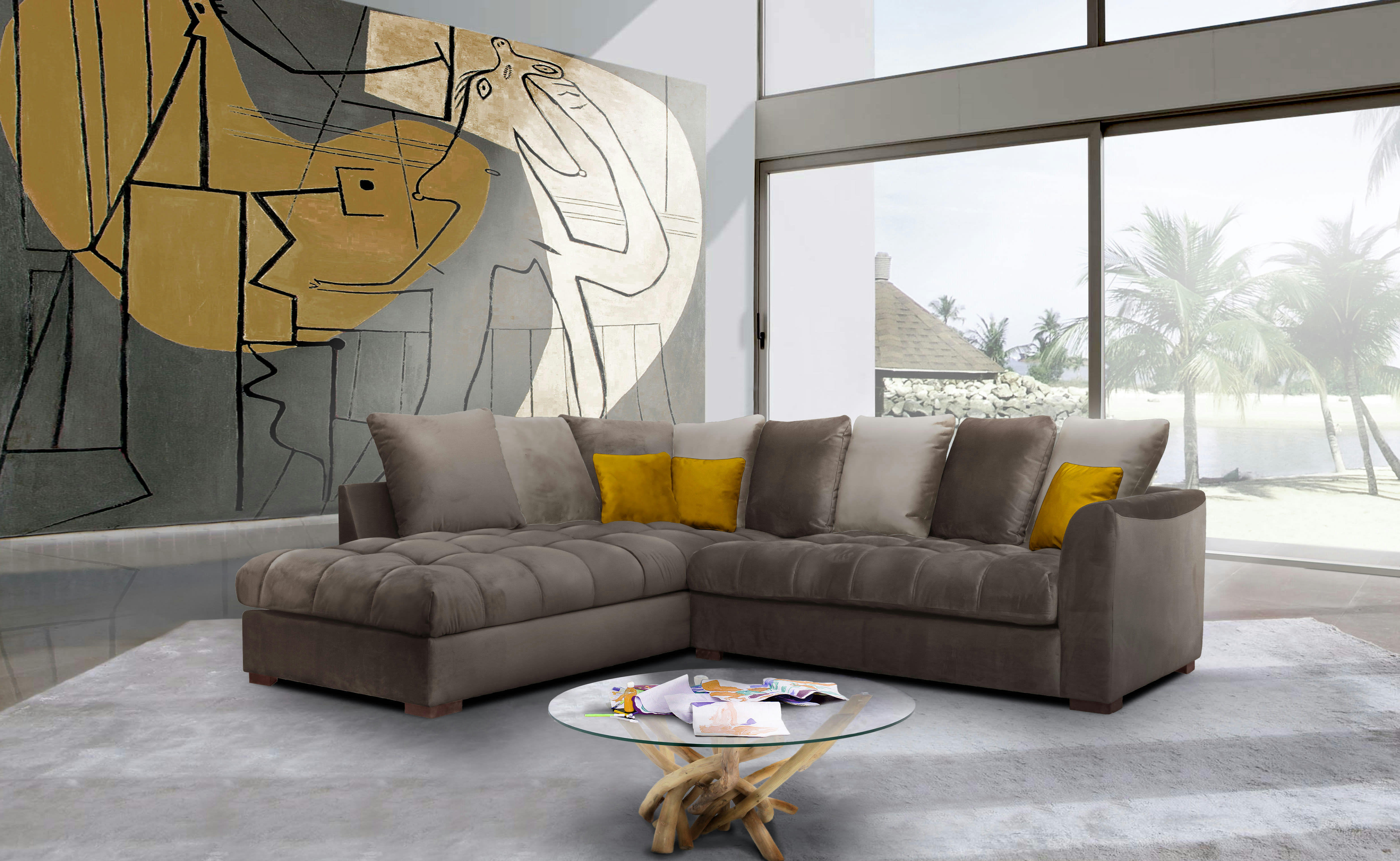 BARDI - Canapé d'angle gauche 5 places tissu marron