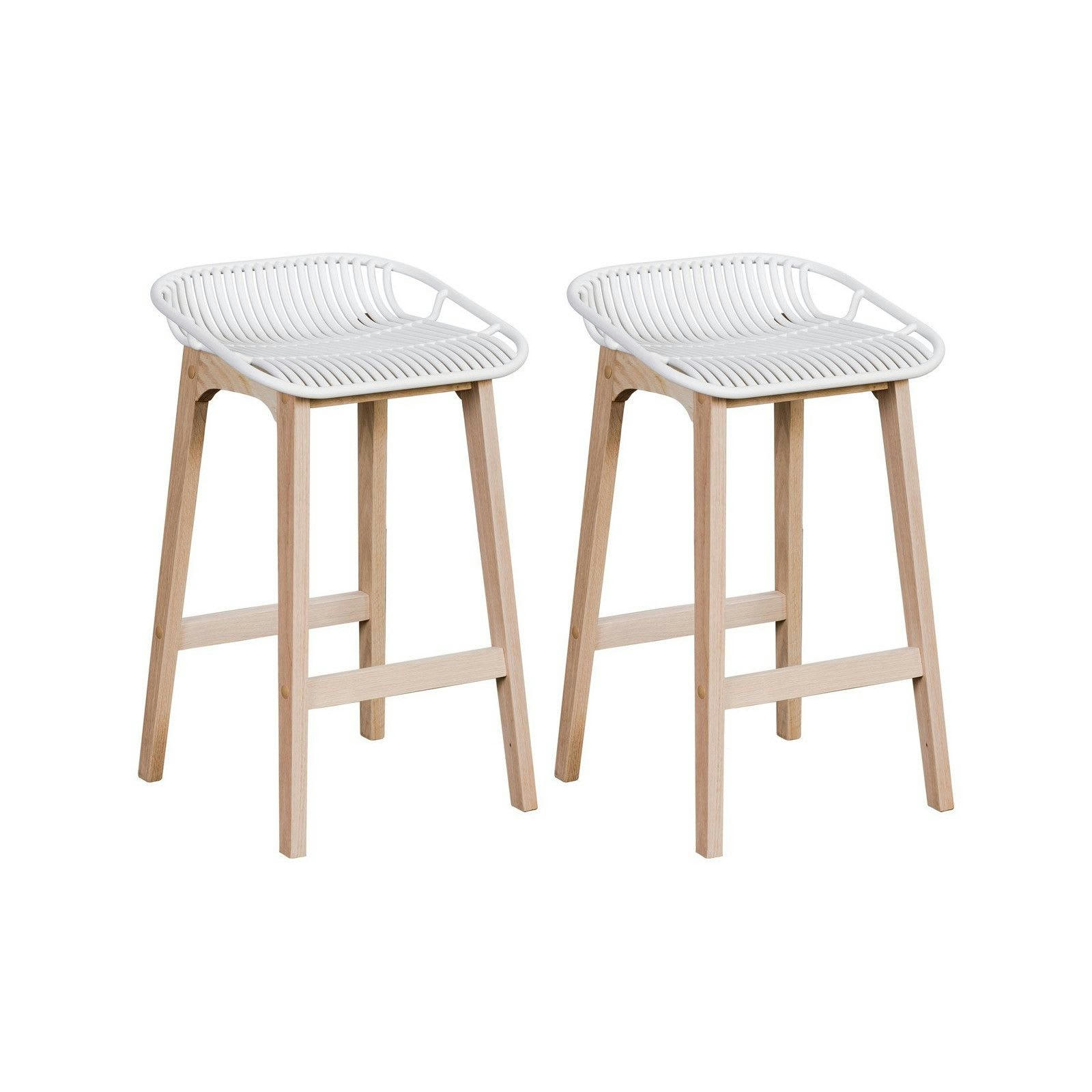MALMO - Tabourets d'ilot 65 cm  pieds chêne assise plastique blanche -Lot de 2