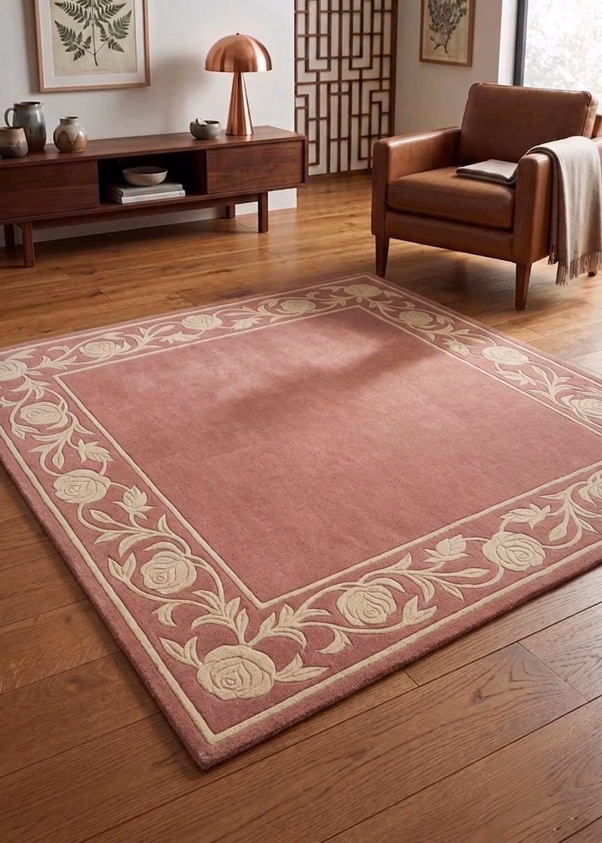 Hand-Tufted Wool Rug, Pink Rose Border, Cottagecore Plush Carpet (Custom Size)