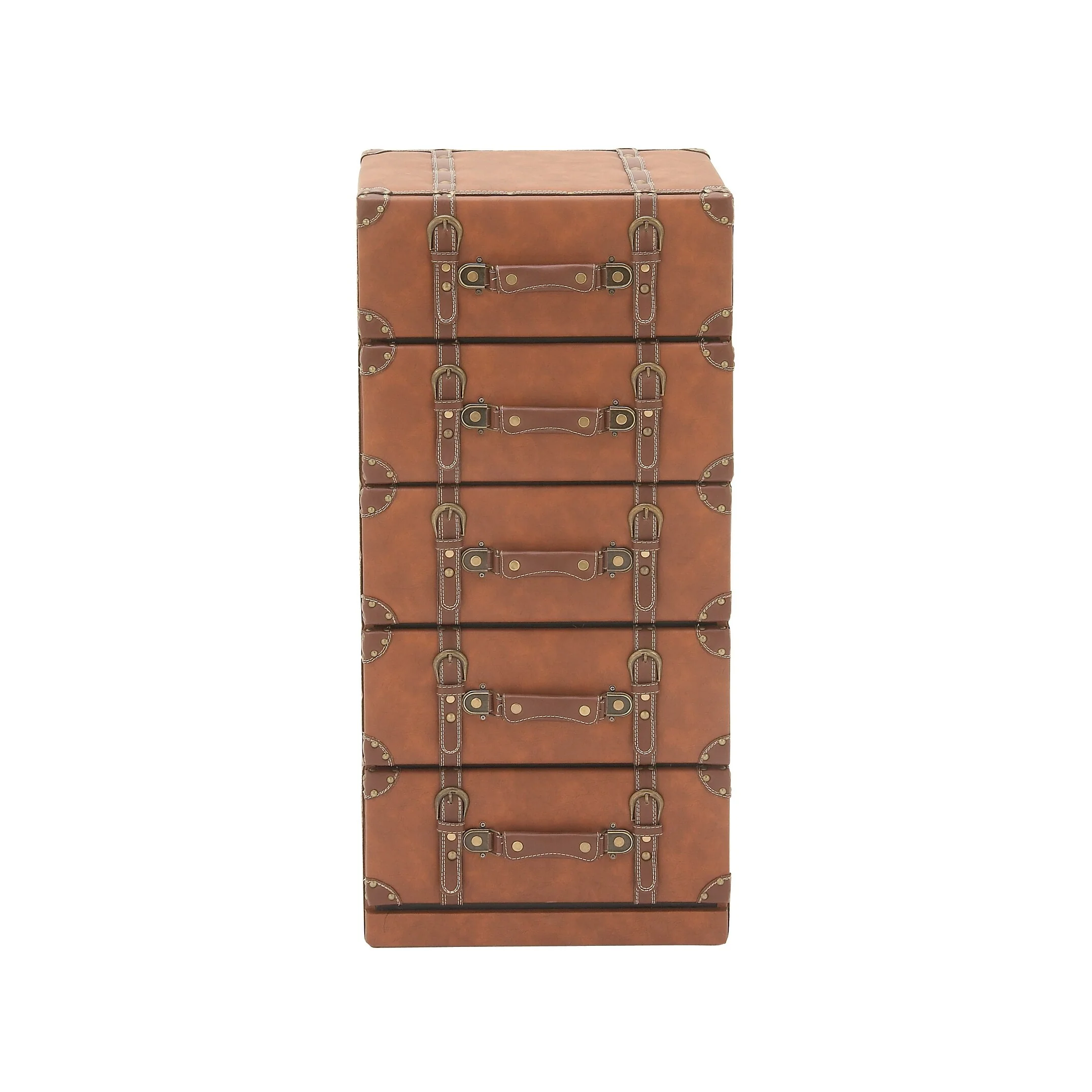 Vintage-style Brown Wood and Leather 5-drawer Cabinet