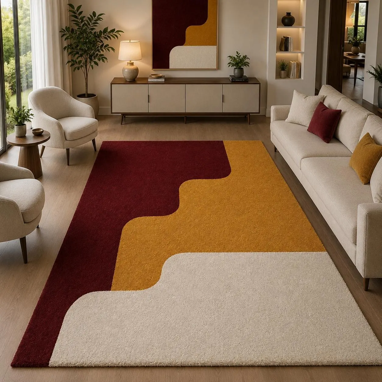 Hand Tufted Abstract Area Rug, Burgundy Mustard Ivory Geometric Carpet (Modern Living Room Decor)