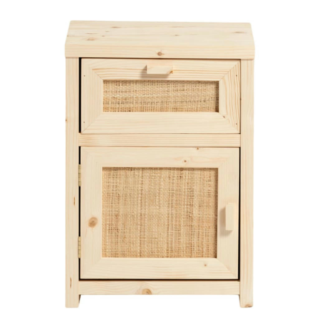 MARNIE - Table de nuit en bois à partir de tir et raffia en couleur beige