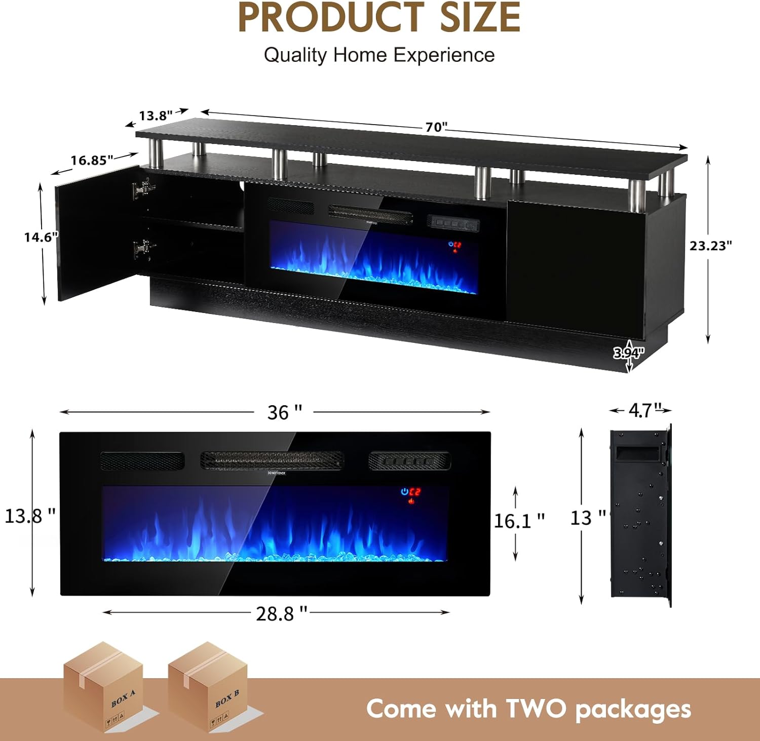 70 TV Stand for Living Room, Modern Entertainment Center & Media Console, Fits TVs up to 80, Storage Cabinet with Shelves, 36 Electric Fireplace with LED Flame (All Black)
