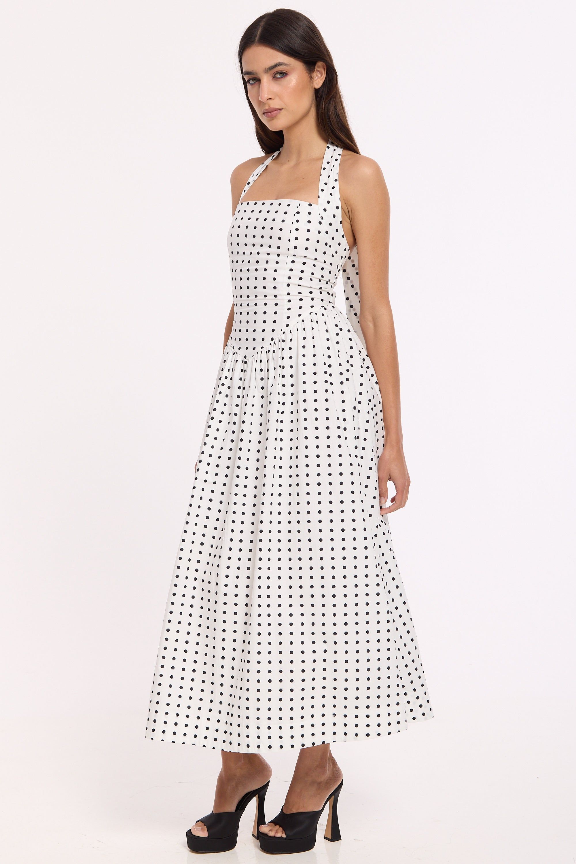 House of Holland White Polka Dot Halter Neck Cotton Maxi Dress