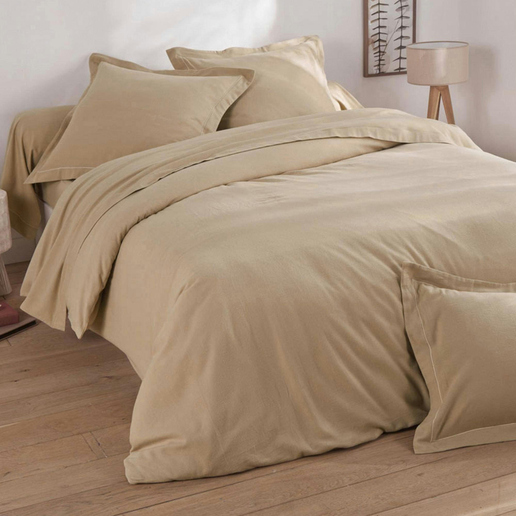 FLANELLE UNIE - Drap-housse 140x200x28 beige en coton