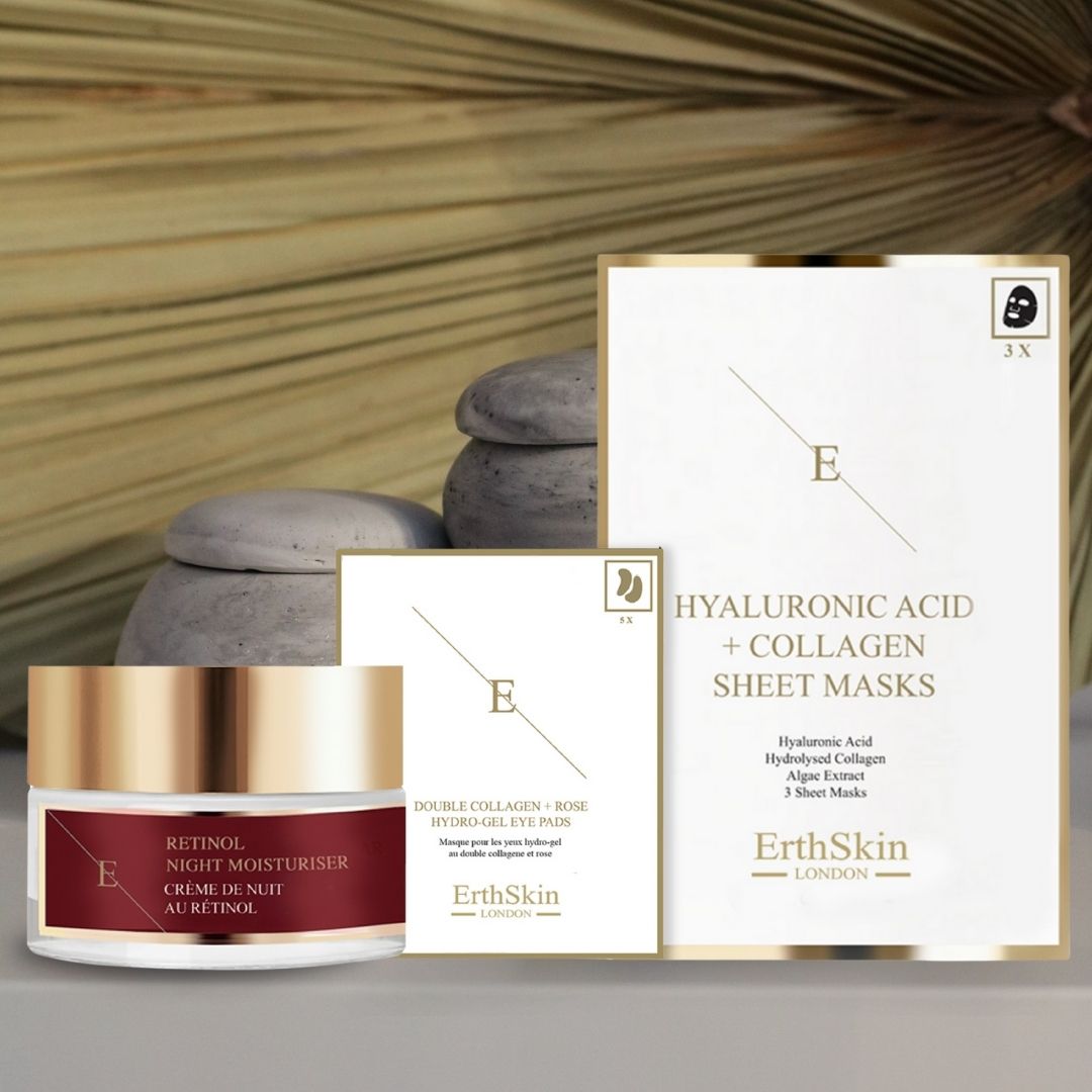 Erth Skin London Anti-Aging Night Trio: Retinol, Collagen Sheet Mask & Rose Pads