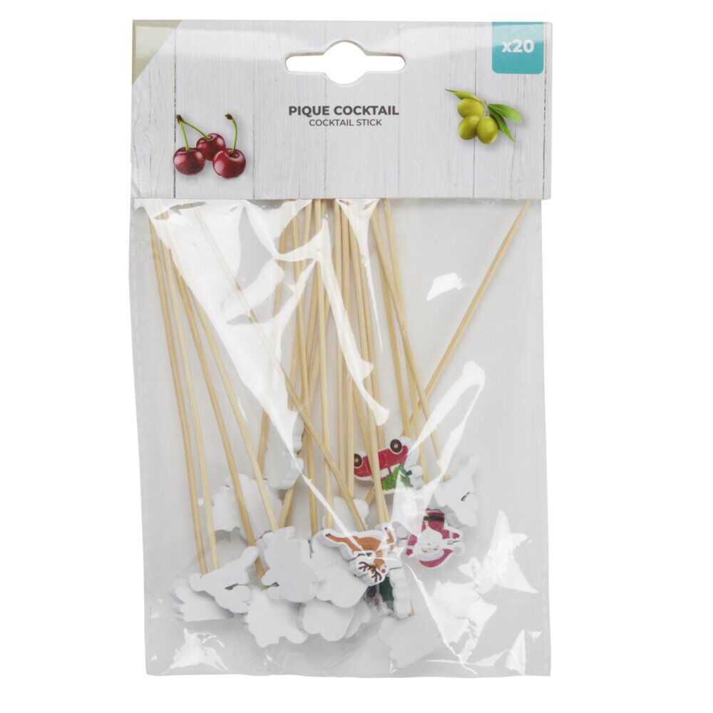 Pic à cocktail en bois décor No&euml;l L13cm 20 pièces