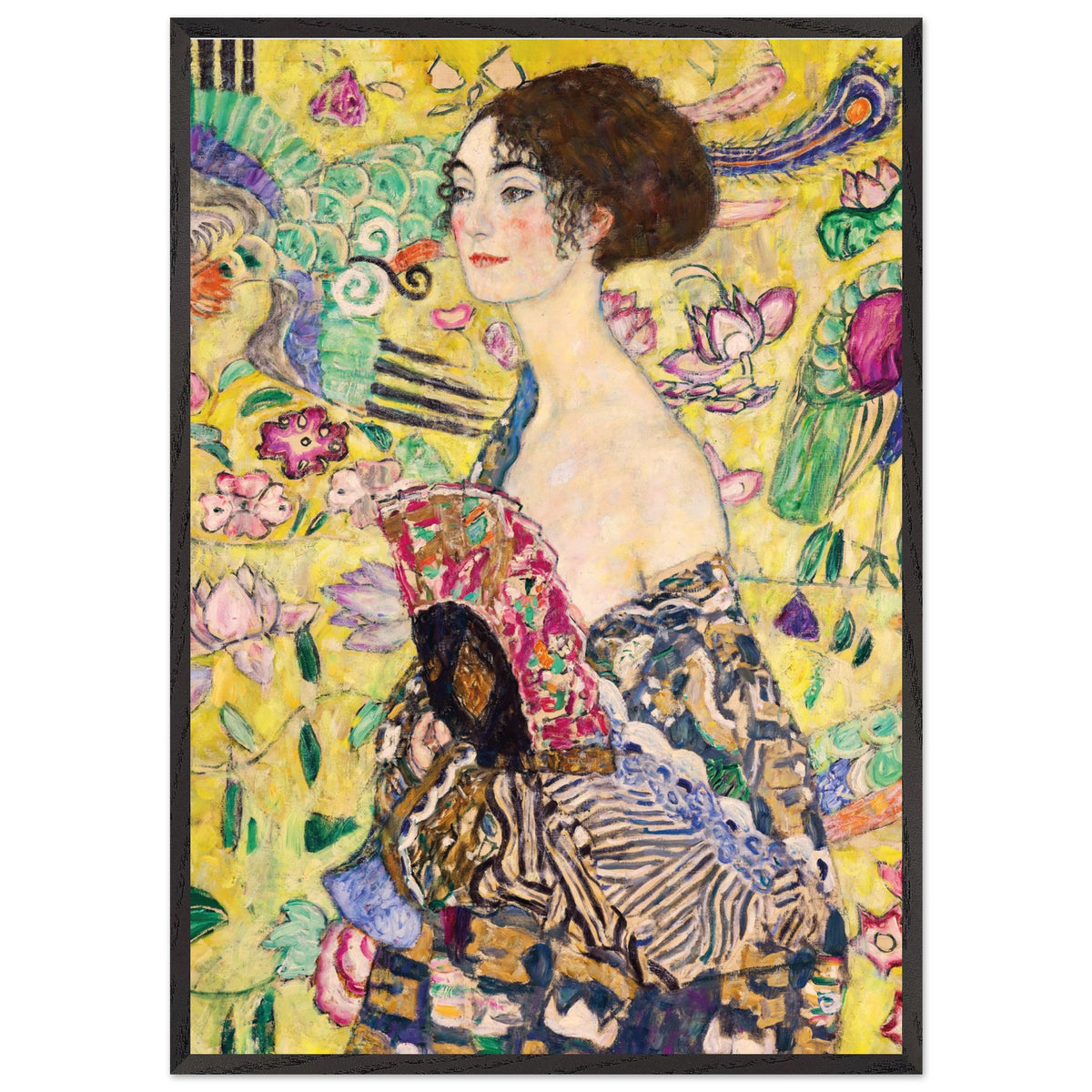 Artfulprints Poster met Lijst Gustav Klimt - Lady with a fan  - 70x100 cm - Geel