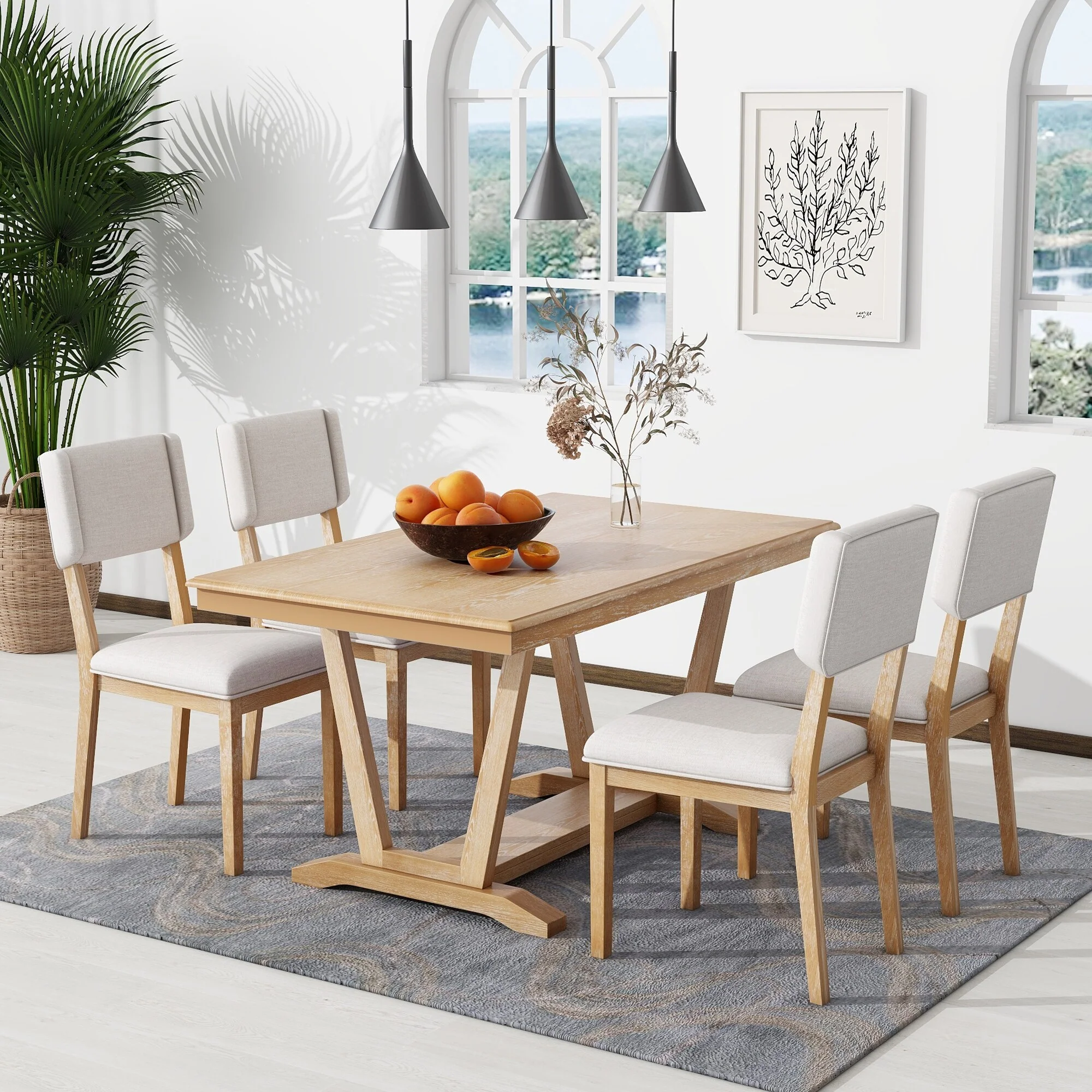 Natural 5-Piece Wooden Dining Table Set with 59 Rectangular Table & 4 Chairs