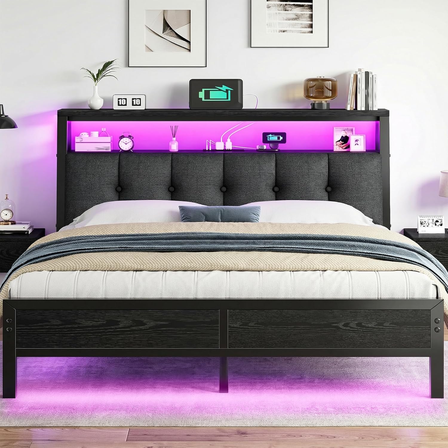 Full Size Bed Frame Smart RGB LED Lights, Grey Upholstered Headboard with Charging Station Type C&2-Tier Storage Shelves,12 Under-Bed Storage, Noise-Free,Easy Assembly,Black