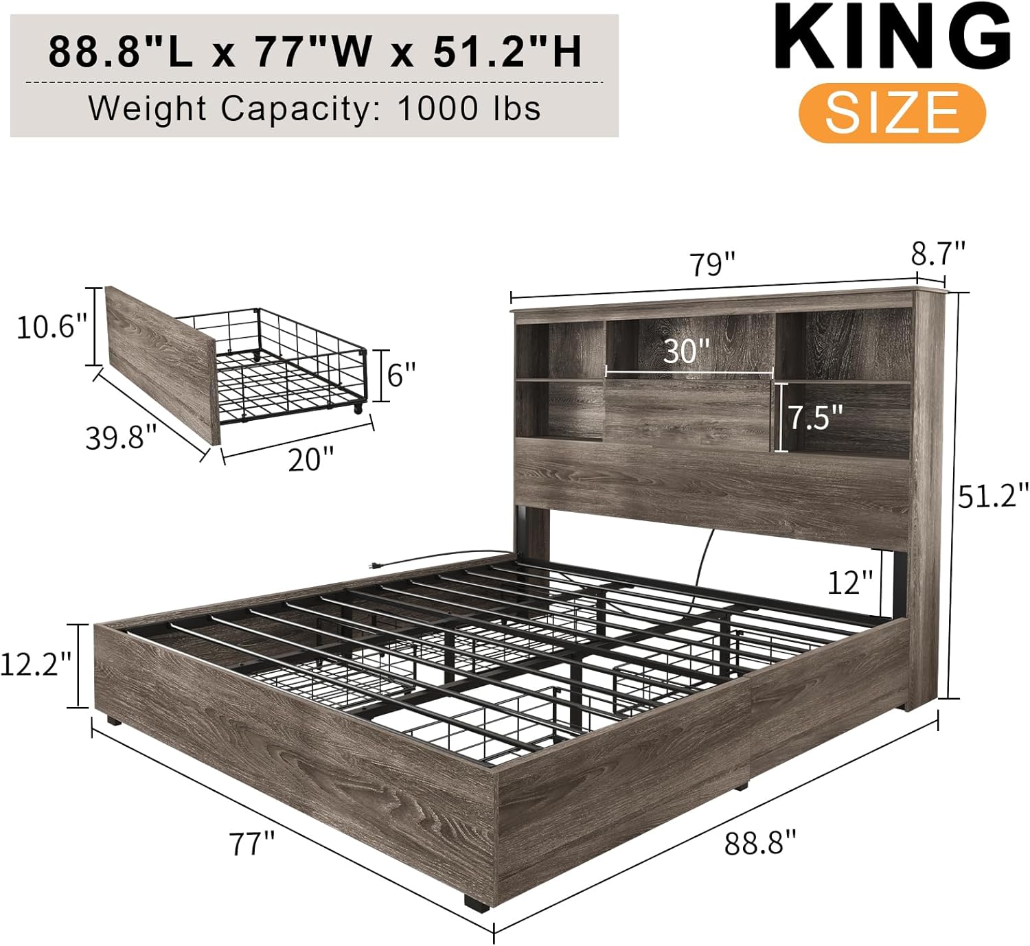 King Size Bed Frame with LED Bookcase Headboard, Wooden Storage Bed with Charging Station & 4 Drawers, No Box Spring Needed/Noise-Free/Rustic Grey