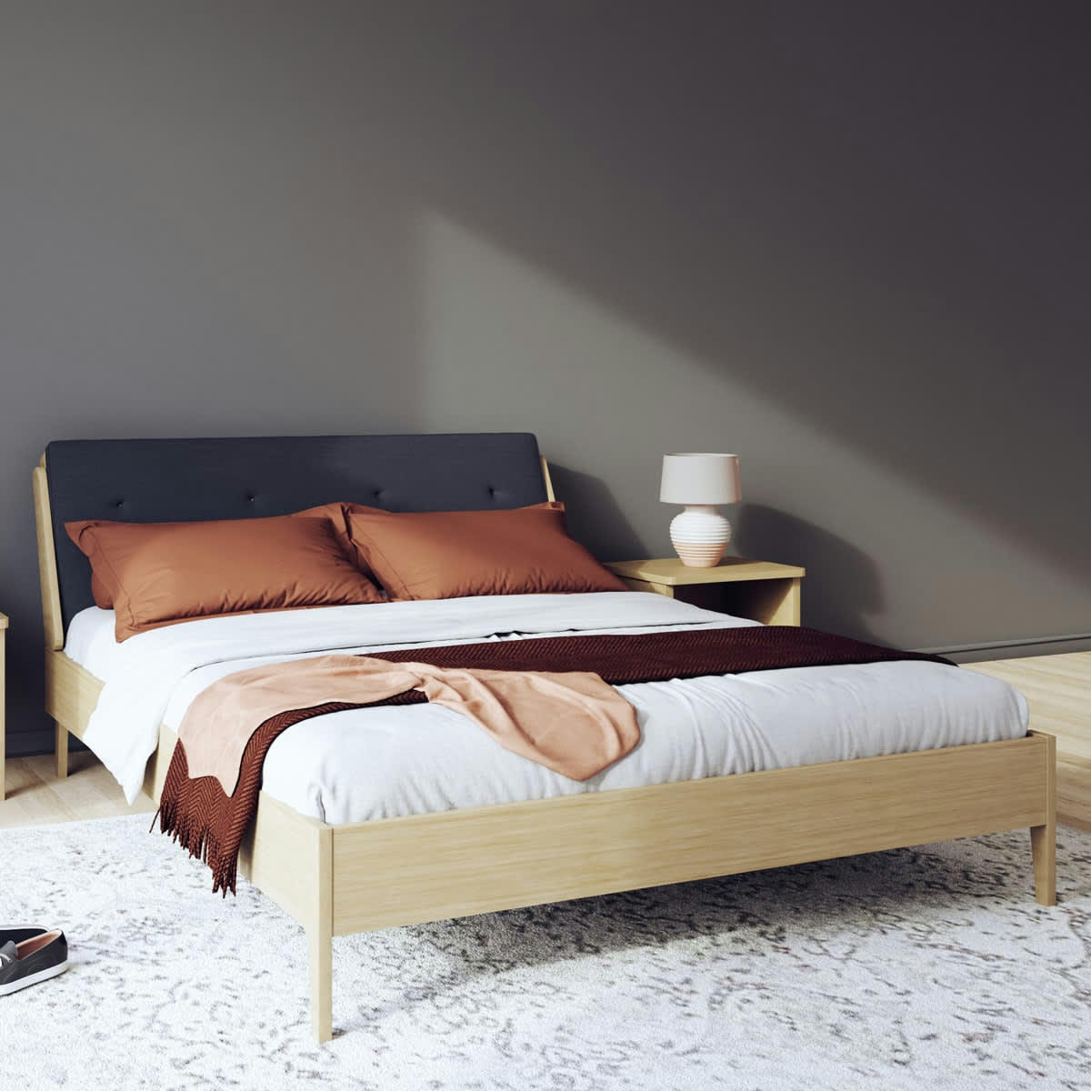 NOVA - Lit double 160x200 placage chêne avec tête de lit en tissu gris