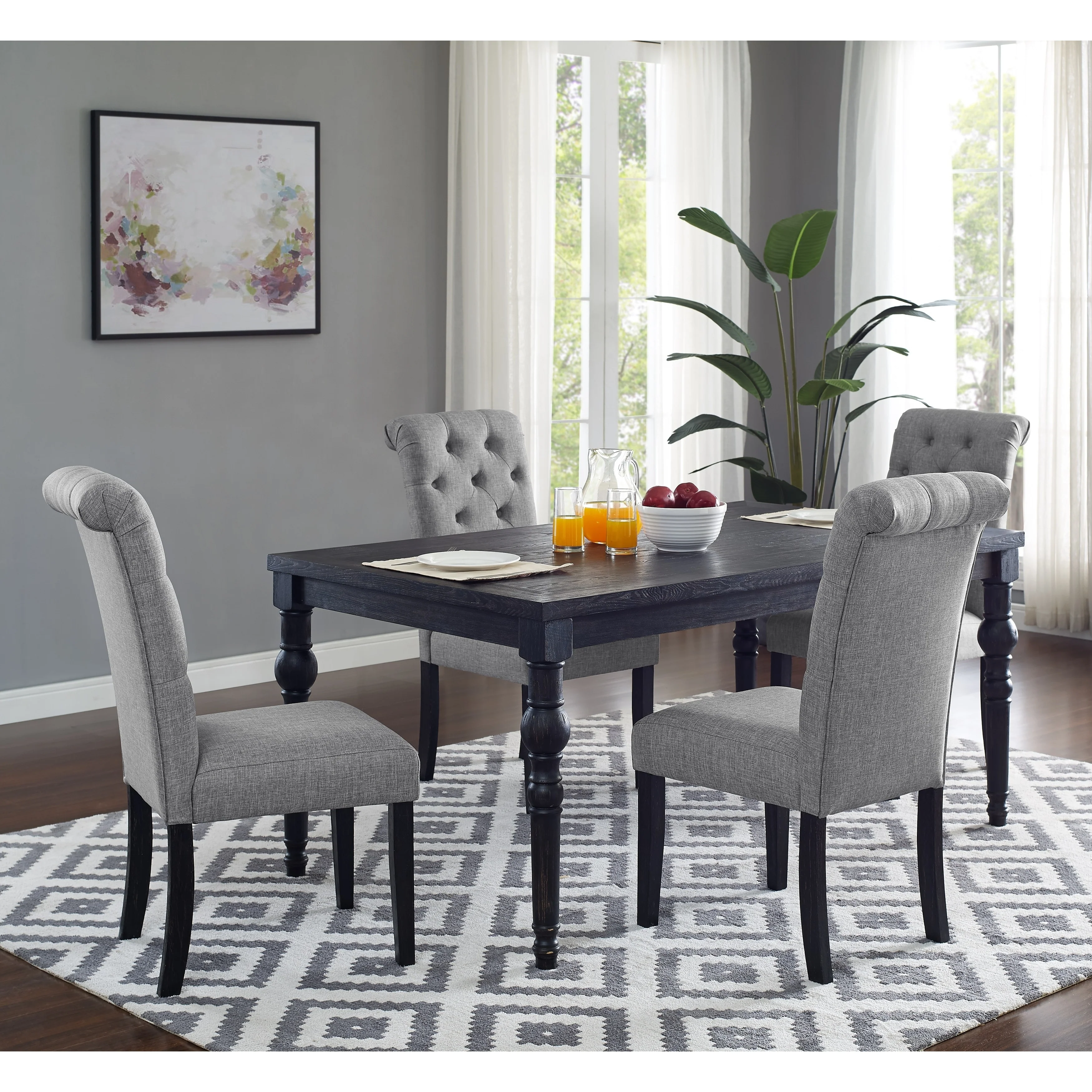 Roundhill Furniture Leviton Urban Style Wood Dark Wash Turned-Leg Dining Set: Table and 4 Chairs