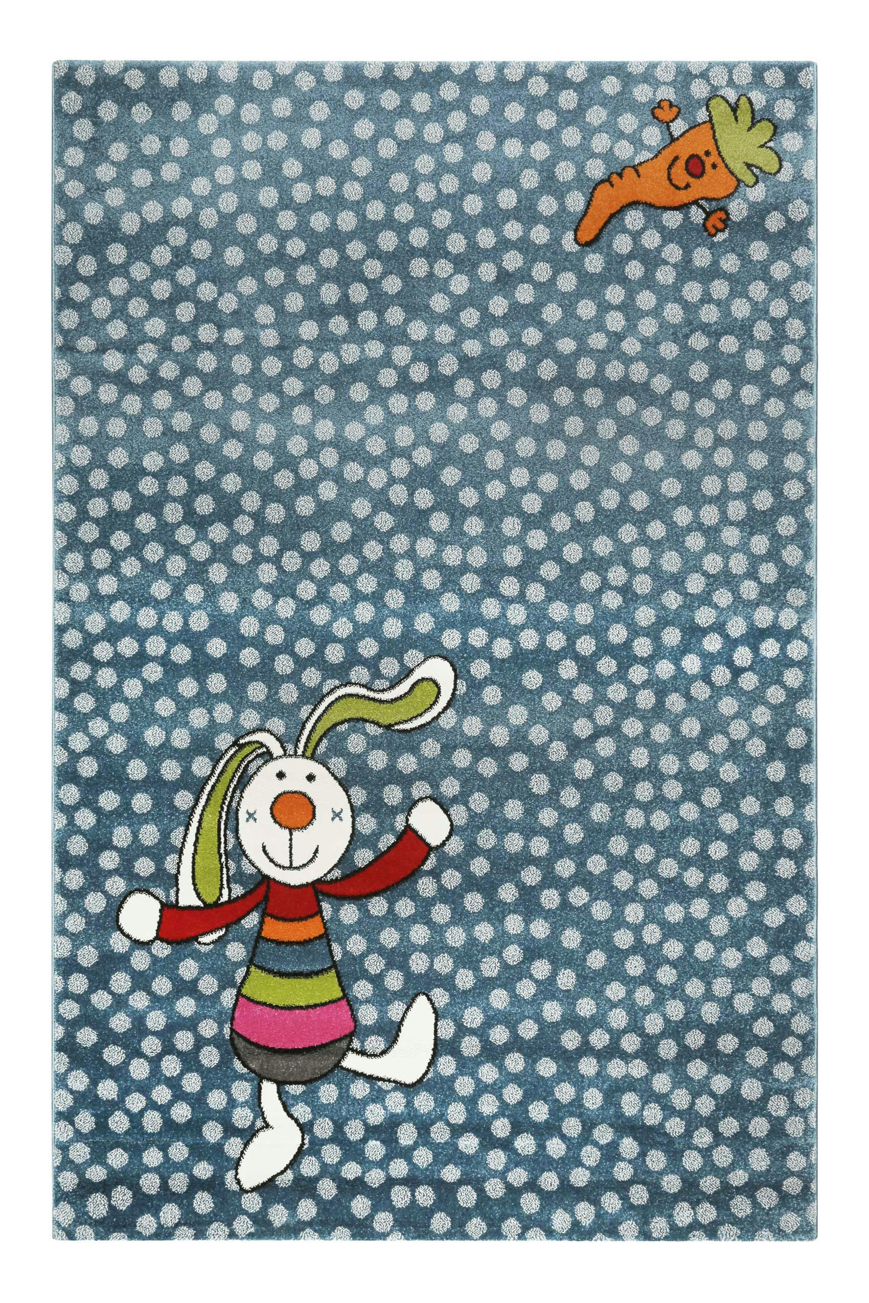 RAINBOW RABBIT - Tapis enfant motif lapin coloré sur fond à pois bleu 120x170