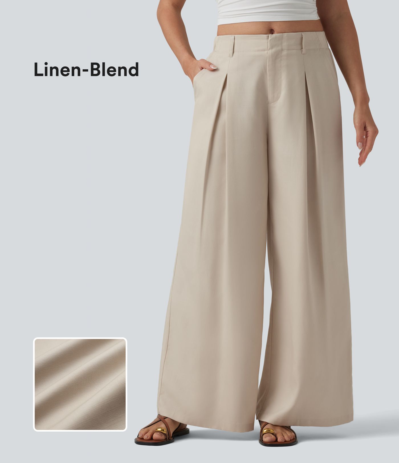 Pantalon ample décontracté en lyocell et lin mélangé, taille mi-haute, plissé, avec poches