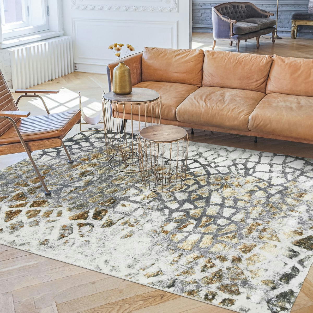 BORGES - Tapis graphique effet céramique gris or 160x230