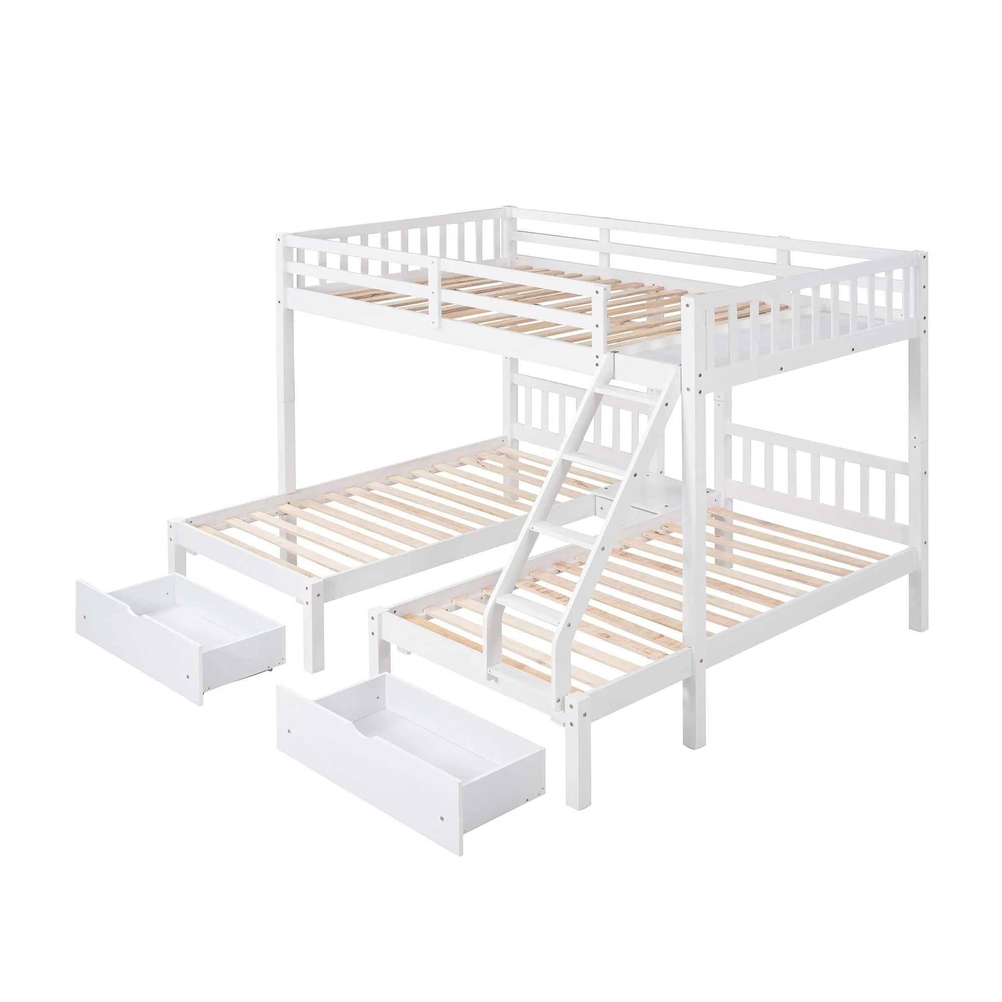 Full Over Twin & Twin Bunk Bed, Wood Triple Bunk Bed Stairs with Drawers and Guardrails, White