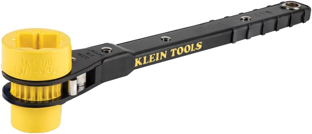 Klein Tools KT151T Lineman's Ratcheting Wrench with Bolt-Through Design, 3/4-Inch, 13/16-Inch, 1-Inch x 1-1/8-Inch Combination Square Socket