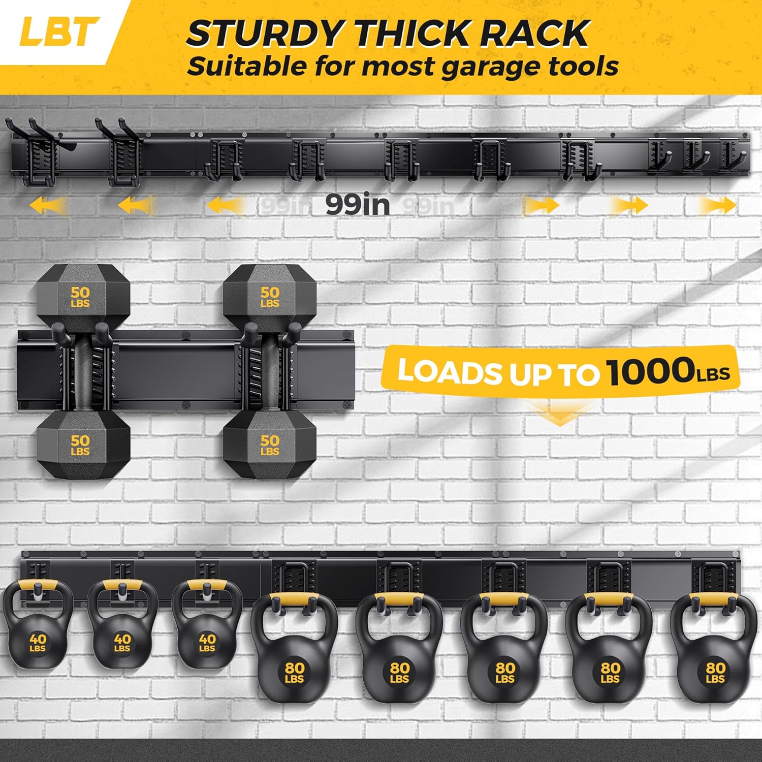 LBT 99 Garage Tool Organizer Wall Mount - 1000lbs Garden Tool Organizer with Adjustable Hooks, Heavy Duty Metal Garage Storage Rack, Anti-Rust Shed Rack Holder Hanging Rake Broom Mower Snowboard