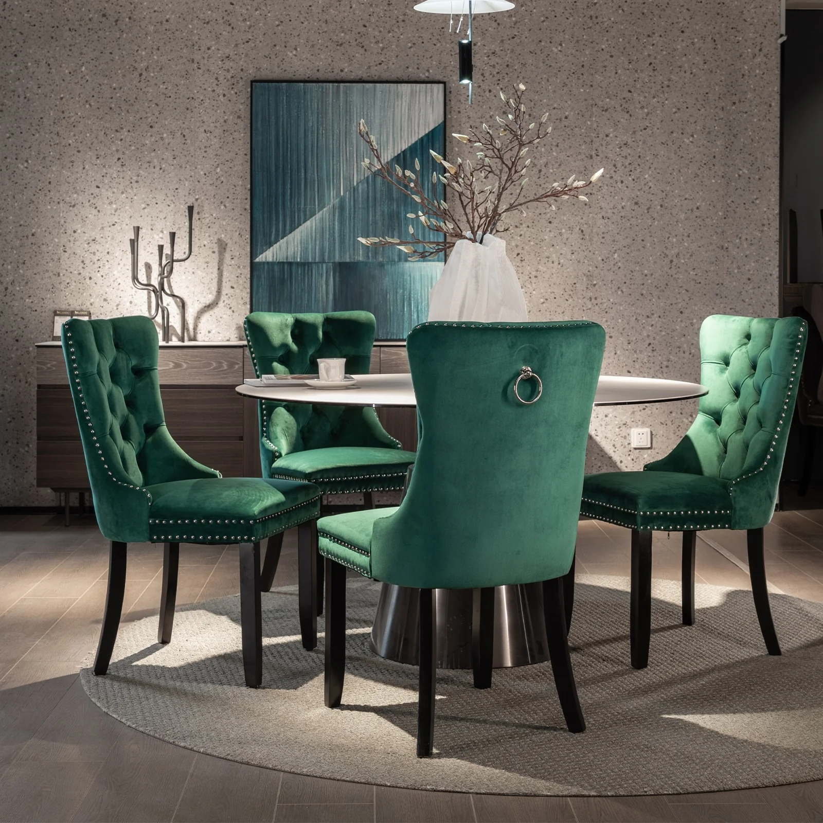 Modern Set of 2 Velvet Tufted Dining Chair with Wood Legs and Nailhead Trim