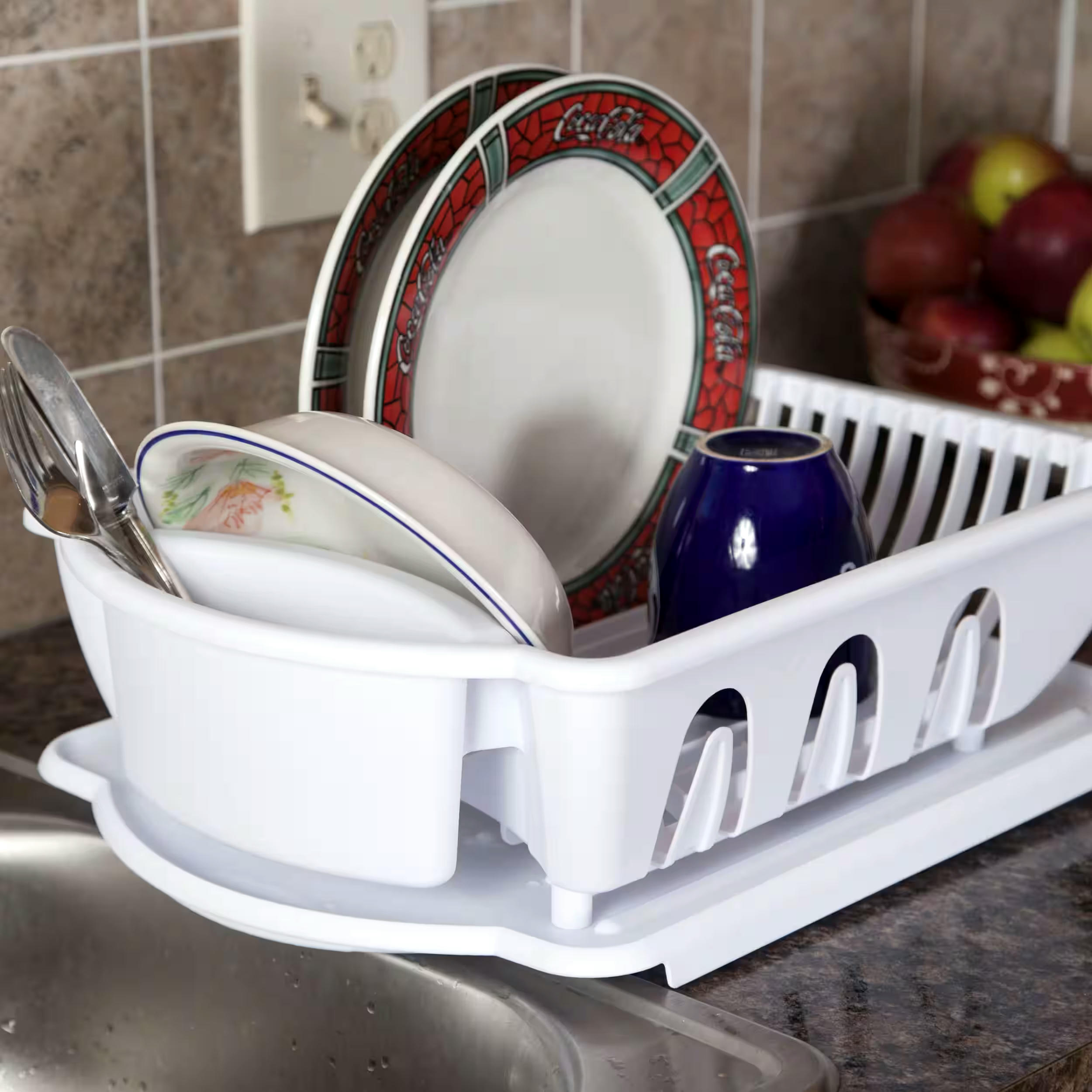 Sterilite Plastic Nesting Dish/Cutlery Drying Rack & Drainboard Tray For Kitchen, White