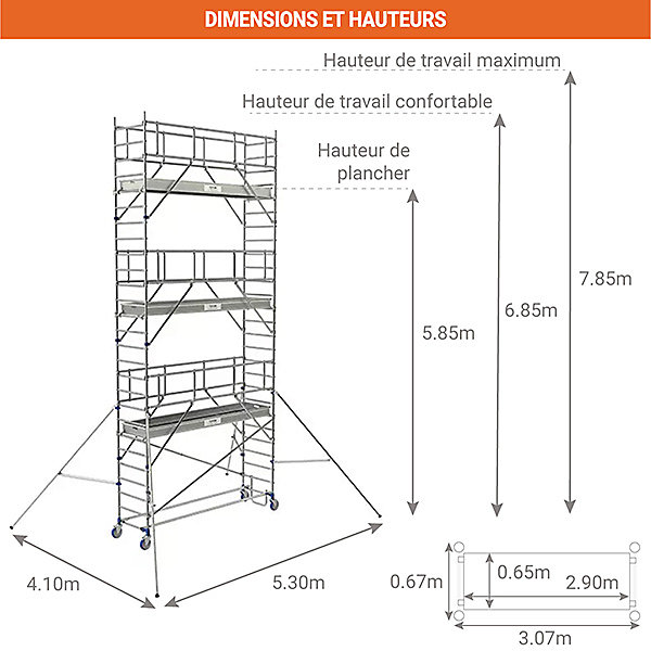 Echafaudage roulant 3 plateaux - Hauteur de travail max 7.85m - 26403860